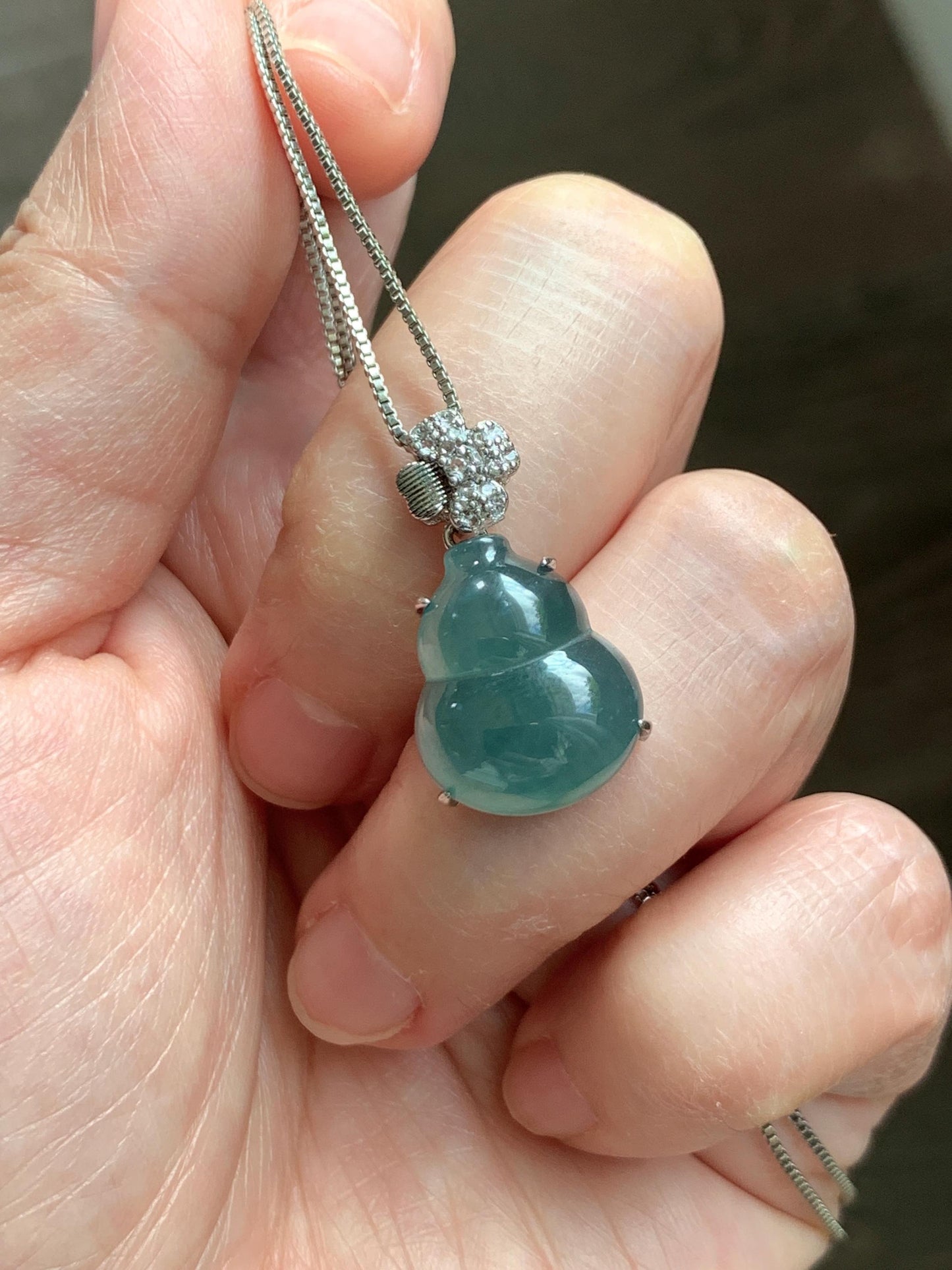 Natural Grade A Guatemalan Icy Translucent Dusty Teal Green Jade Jadeite Gourd Hulu Pendant Sterling Silver 3g 天然冰危暗蓝绿翡翠葫芦吊坠 WHL77A