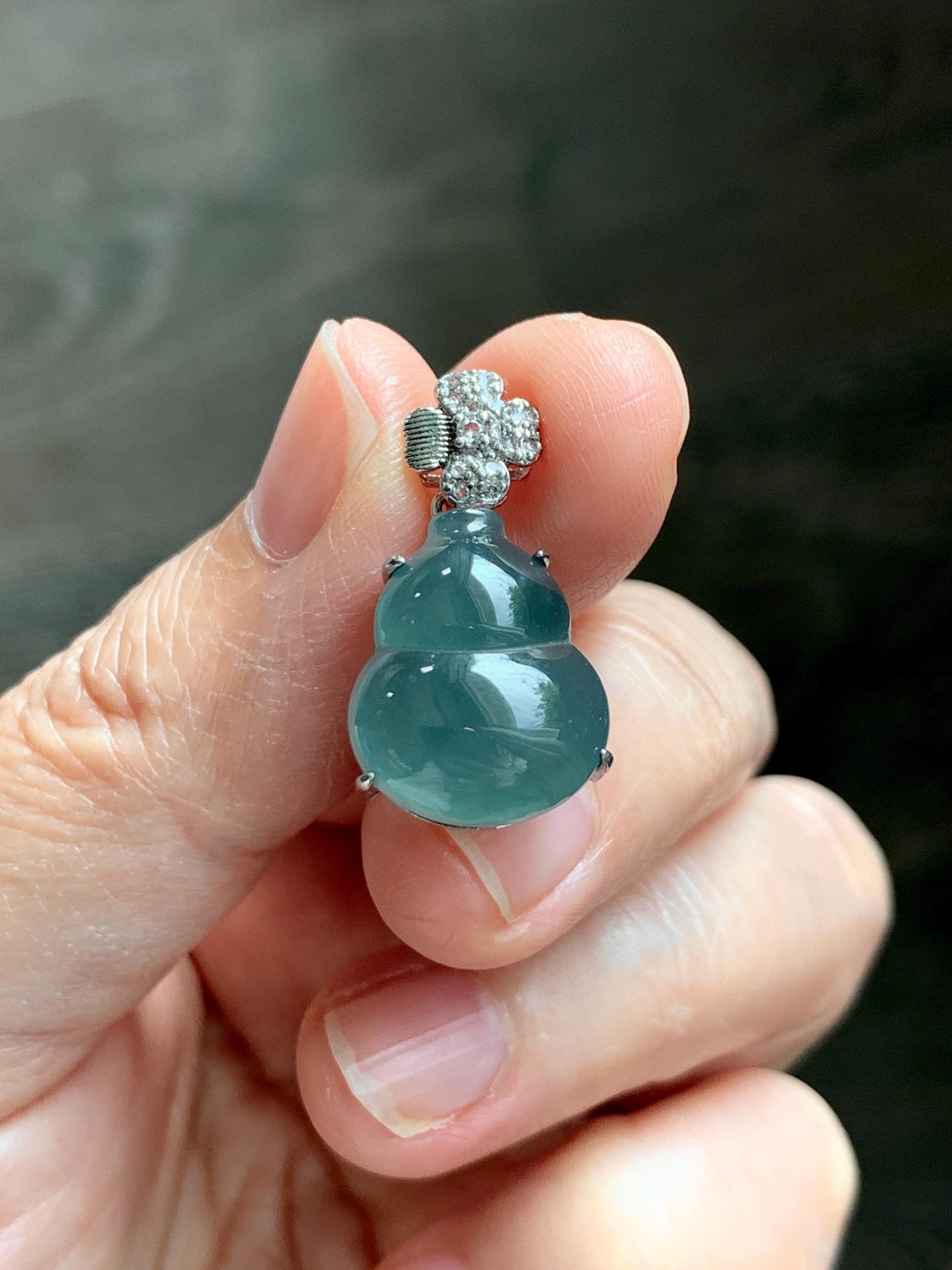 Natural Grade A Guatemalan Icy Translucent Dusty Teal Green Jade Jadeite Gourd Hulu Pendant Sterling Silver 3g 天然冰危暗蓝绿翡翠葫芦吊坠 WHL77A
