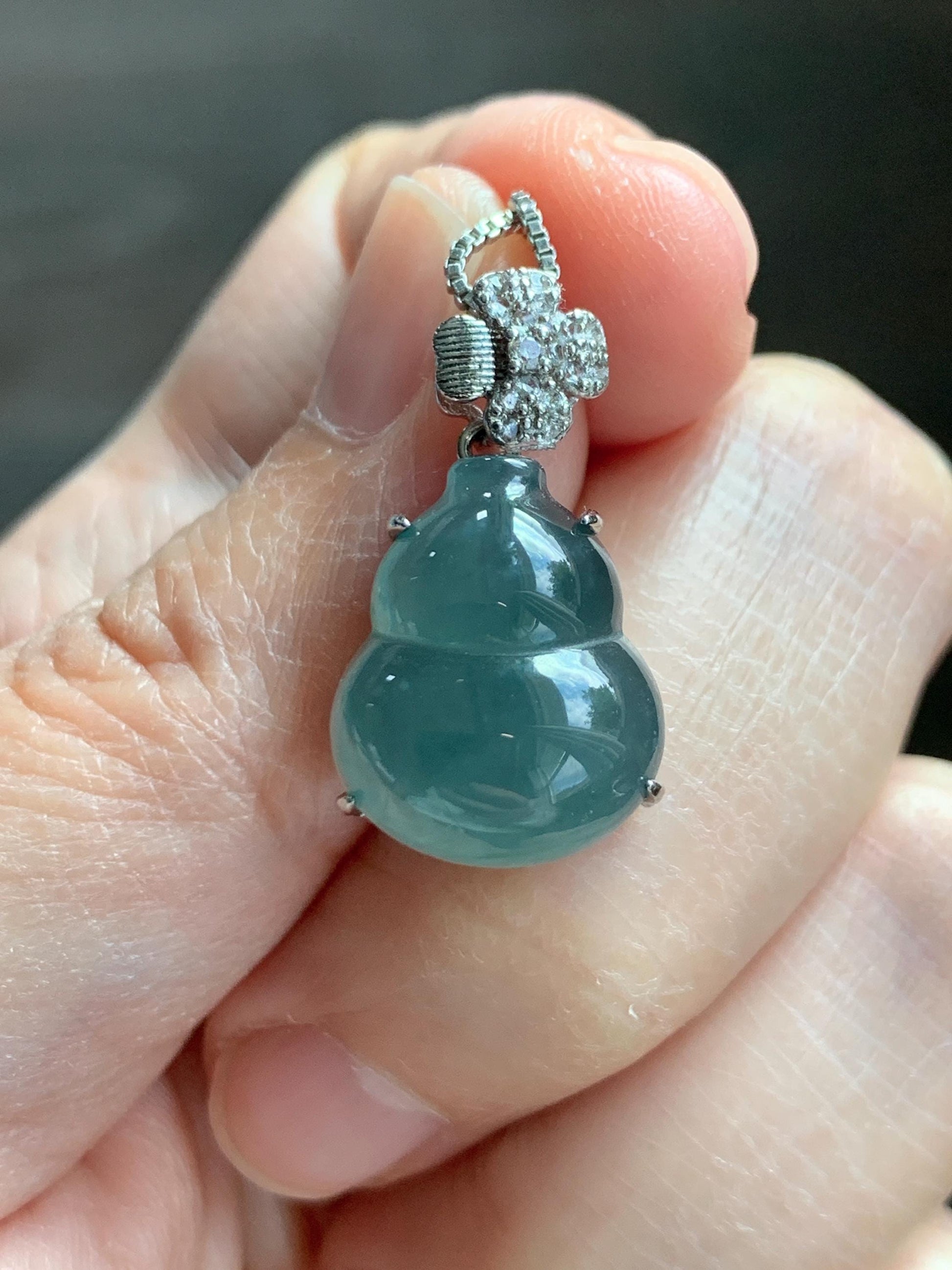 Natural Grade A Guatemalan Icy Translucent Dusty Teal Green Jade Jadeite Gourd Hulu Pendant Sterling Silver 3g 天然冰危暗蓝绿翡翠葫芦吊坠 WHL77A
