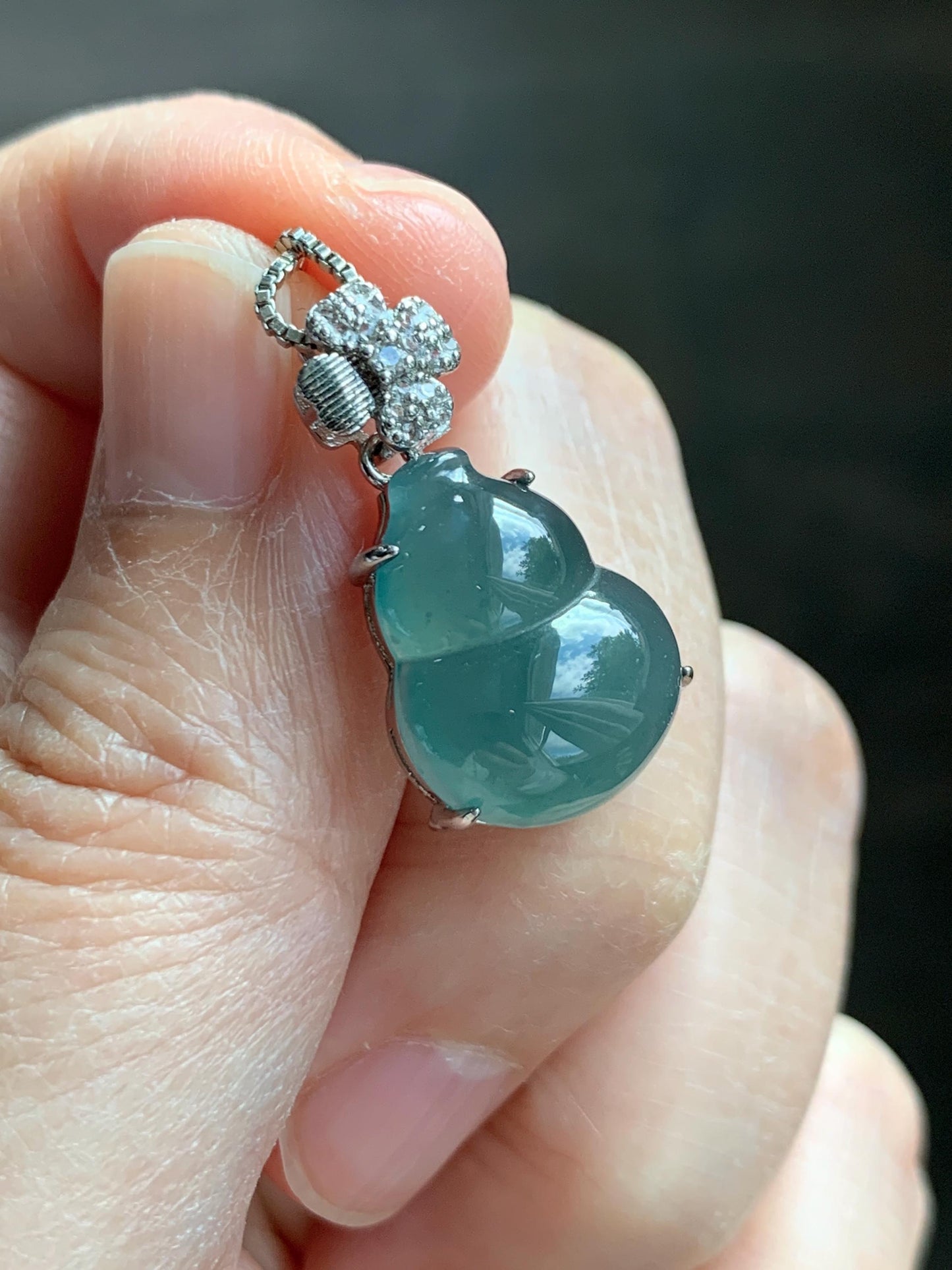 Natural Grade A Guatemalan Icy Translucent Dusty Teal Green Jade Jadeite Gourd Hulu Pendant Sterling Silver 3g 天然冰危暗蓝绿翡翠葫芦吊坠 WHL77A