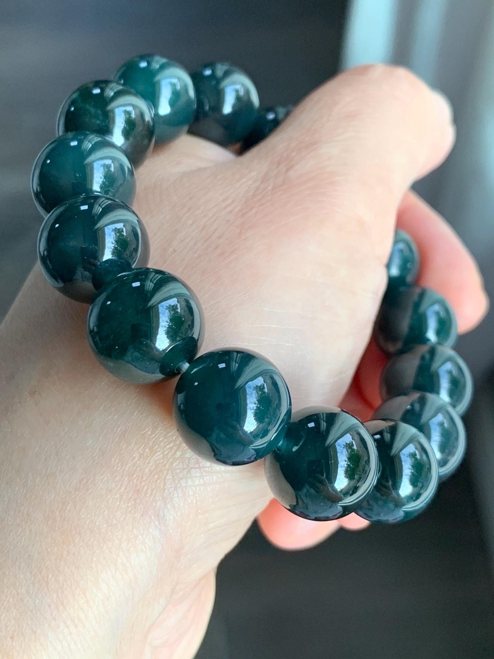 LARGE Natural Grade A Guatemalan Icy Translucent Dark Teal Green Wuji Jade Jadeite Beaded Bracelet 14mm 7.75” 70g 天然冰危深老蓝水翡翠大卡手串 WLL770A