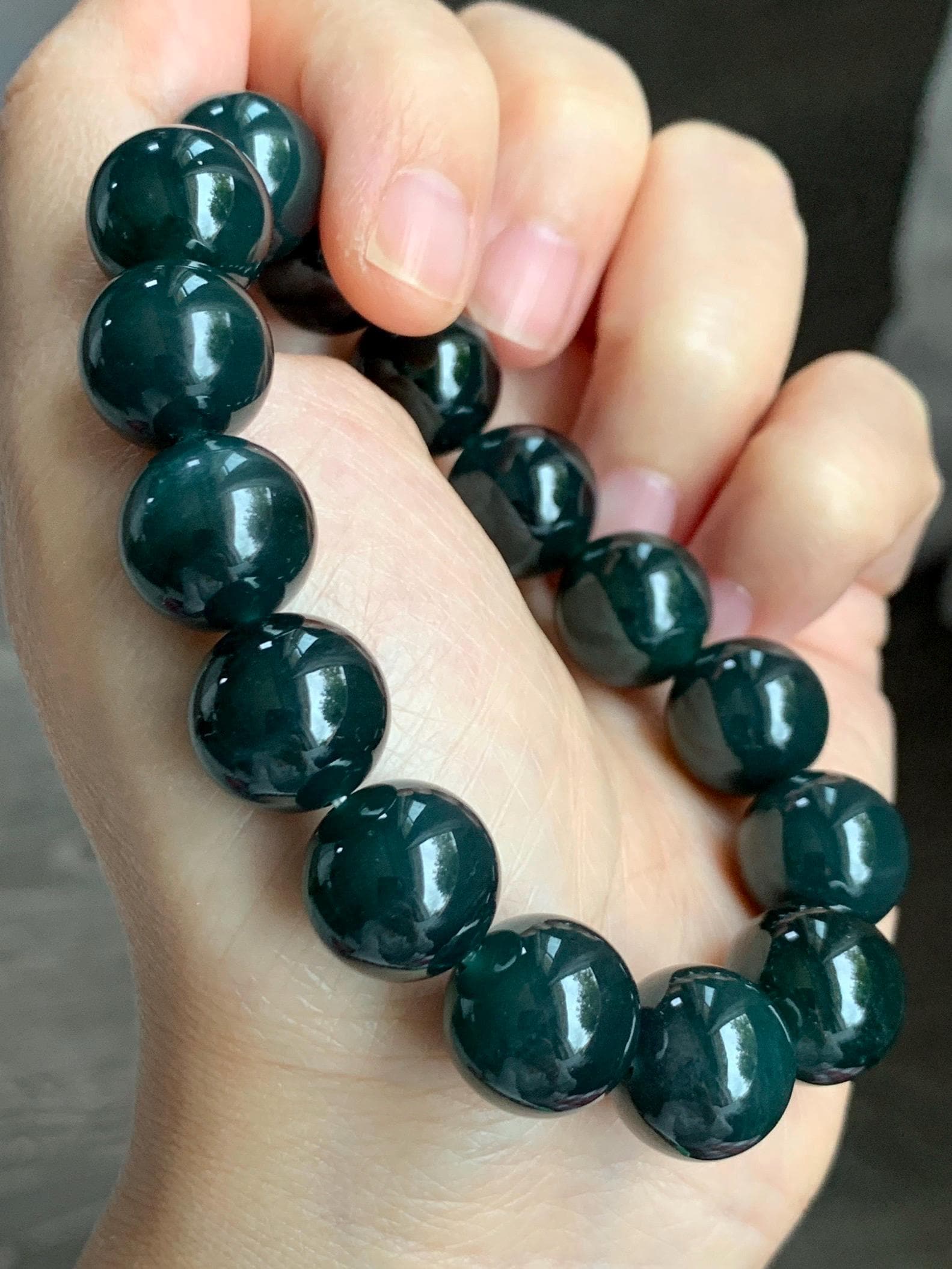 LARGE Natural Grade A Guatemalan Icy Translucent Dark Teal Green Wuji Jade Jadeite Beaded Bracelet 14mm 7.75” 70g 天然冰危深老蓝水翡翠大卡手串 WLL770A