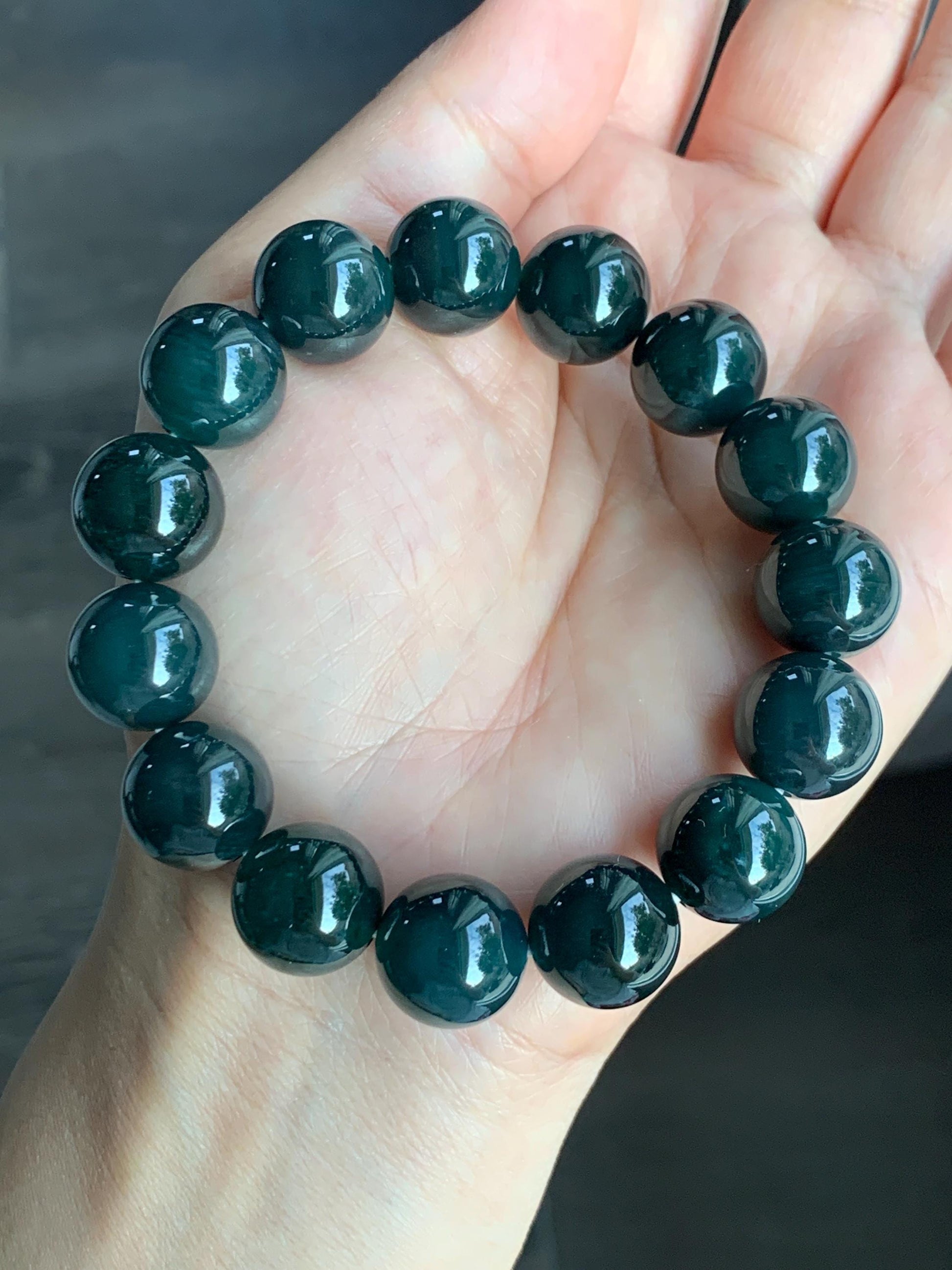 LARGE Natural Grade A Guatemalan Icy Translucent Dark Teal Green Wuji Jade Jadeite Beaded Bracelet 14mm 7.75” 70g 天然冰危深老蓝水翡翠大卡手串 WLL770A