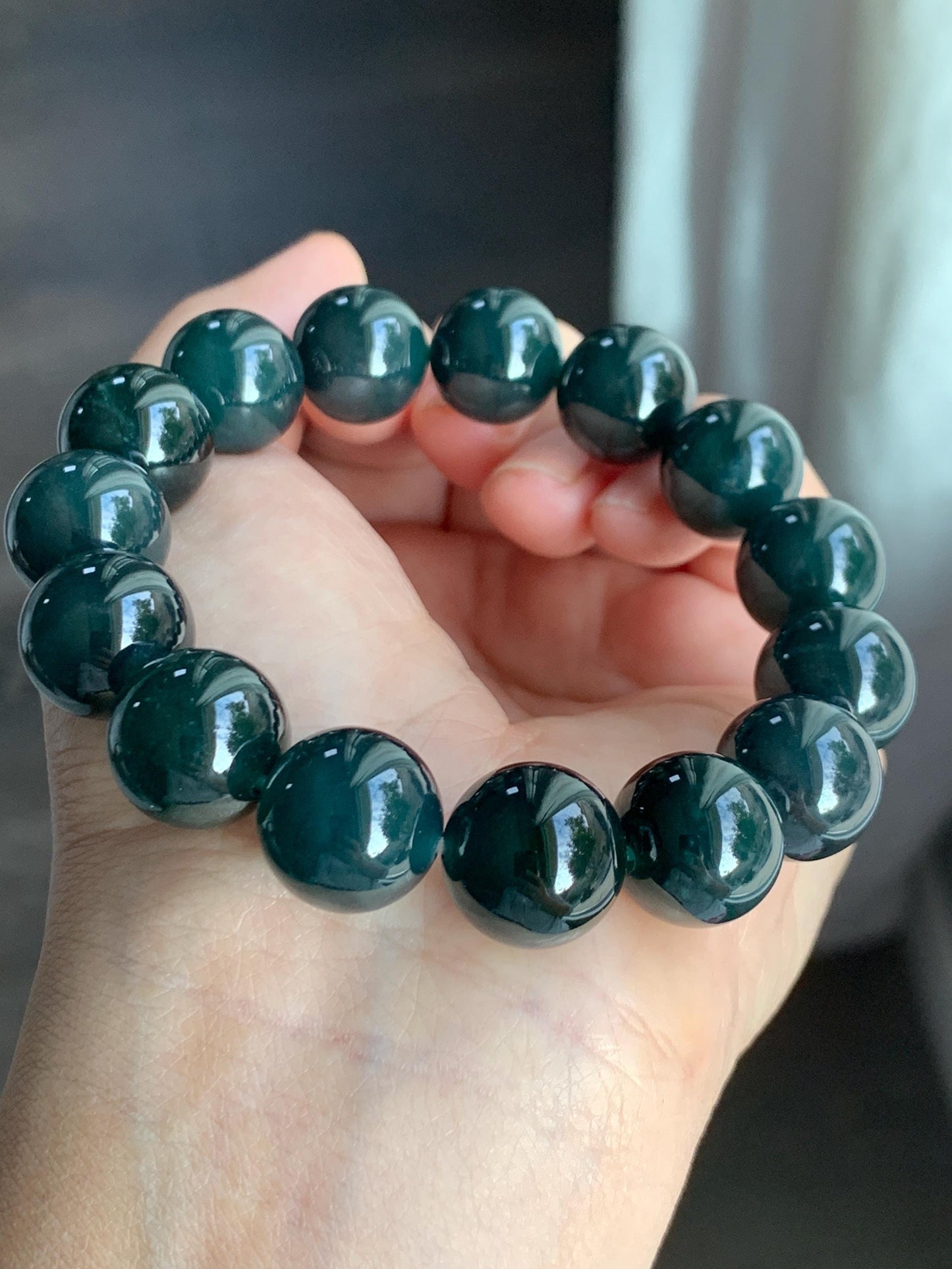 LARGE Natural Grade A Guatemalan Icy Translucent Dark Teal Green Wuji Jade Jadeite Beaded Bracelet 14mm 7.75” 70g 天然冰危深老蓝水翡翠大卡手串 WLL770A