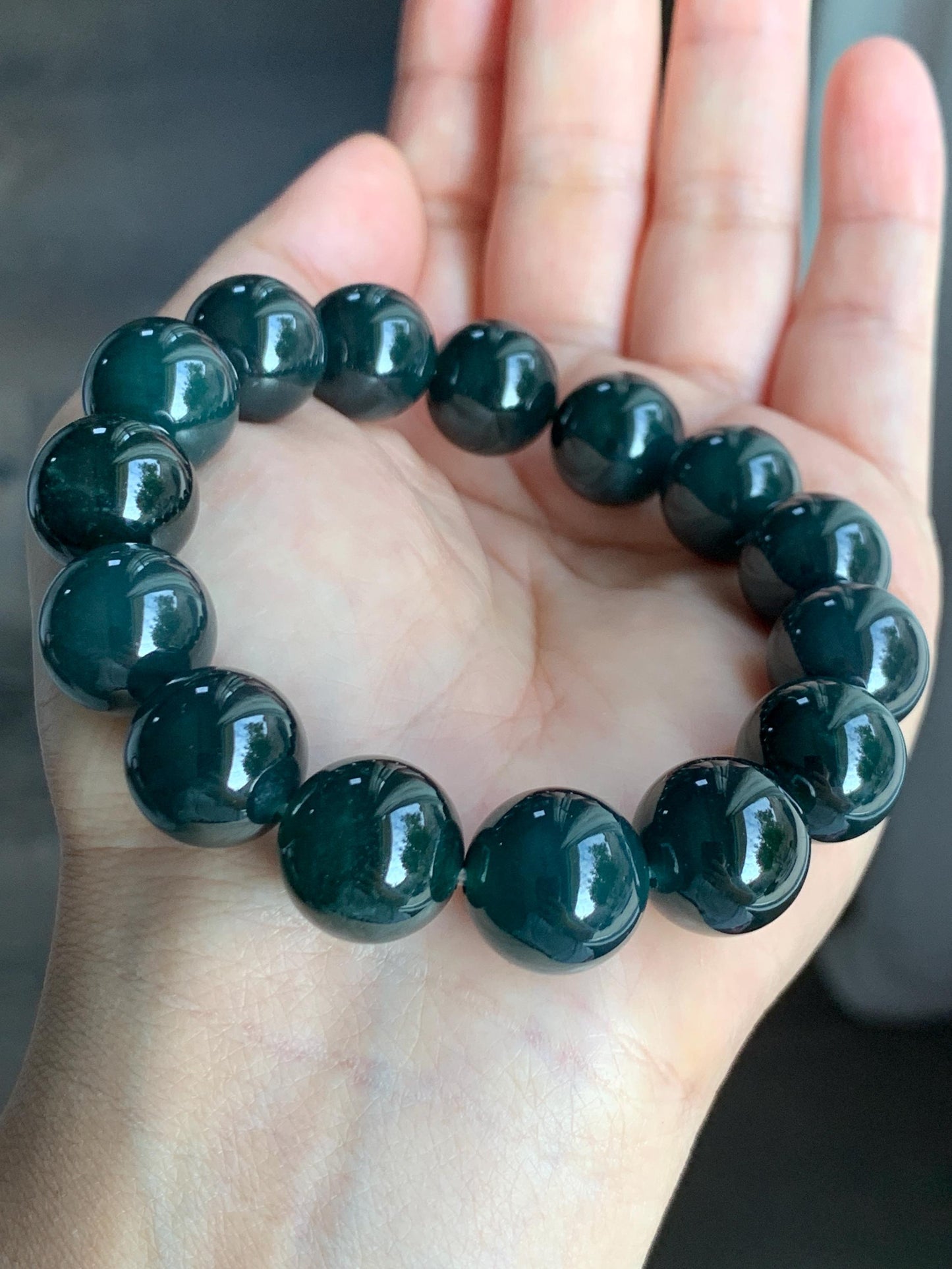 LARGE Natural Grade A Guatemalan Icy Translucent Dark Teal Green Wuji Jade Jadeite Beaded Bracelet 14mm 7.75” 70g 天然冰危深老蓝水翡翠大卡手串 WLL770A