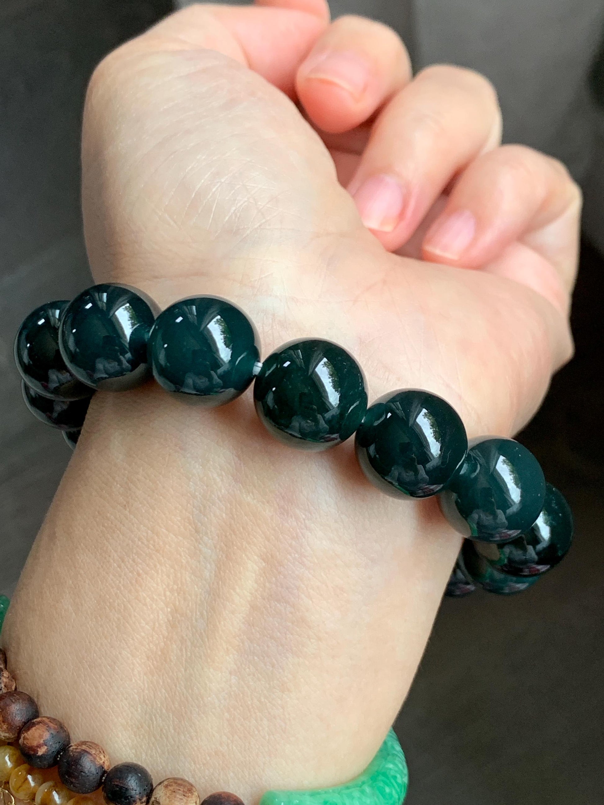 LARGE Natural Grade A Guatemalan Icy Translucent Dark Teal Green Wuji Jade Jadeite Beaded Bracelet 14mm 7.75” 70g 天然冰危深老蓝水翡翠大卡手串 WLL770A