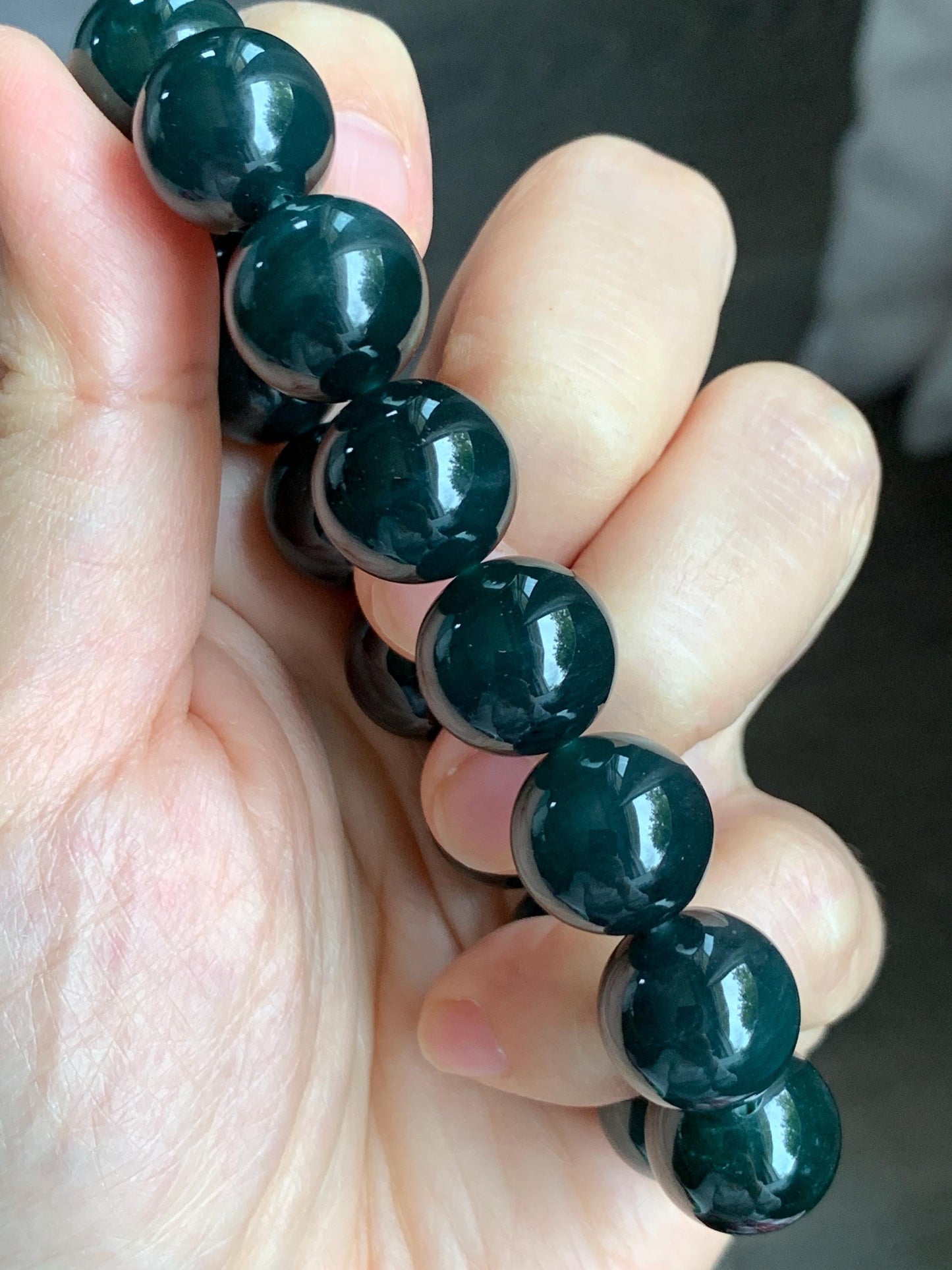 LARGE Natural Grade A Guatemalan Icy Translucent Dark Teal Green Wuji Jade Jadeite Beaded Bracelet 14mm 7.75” 70g 天然冰危深老蓝水翡翠大卡手串 WLL770A