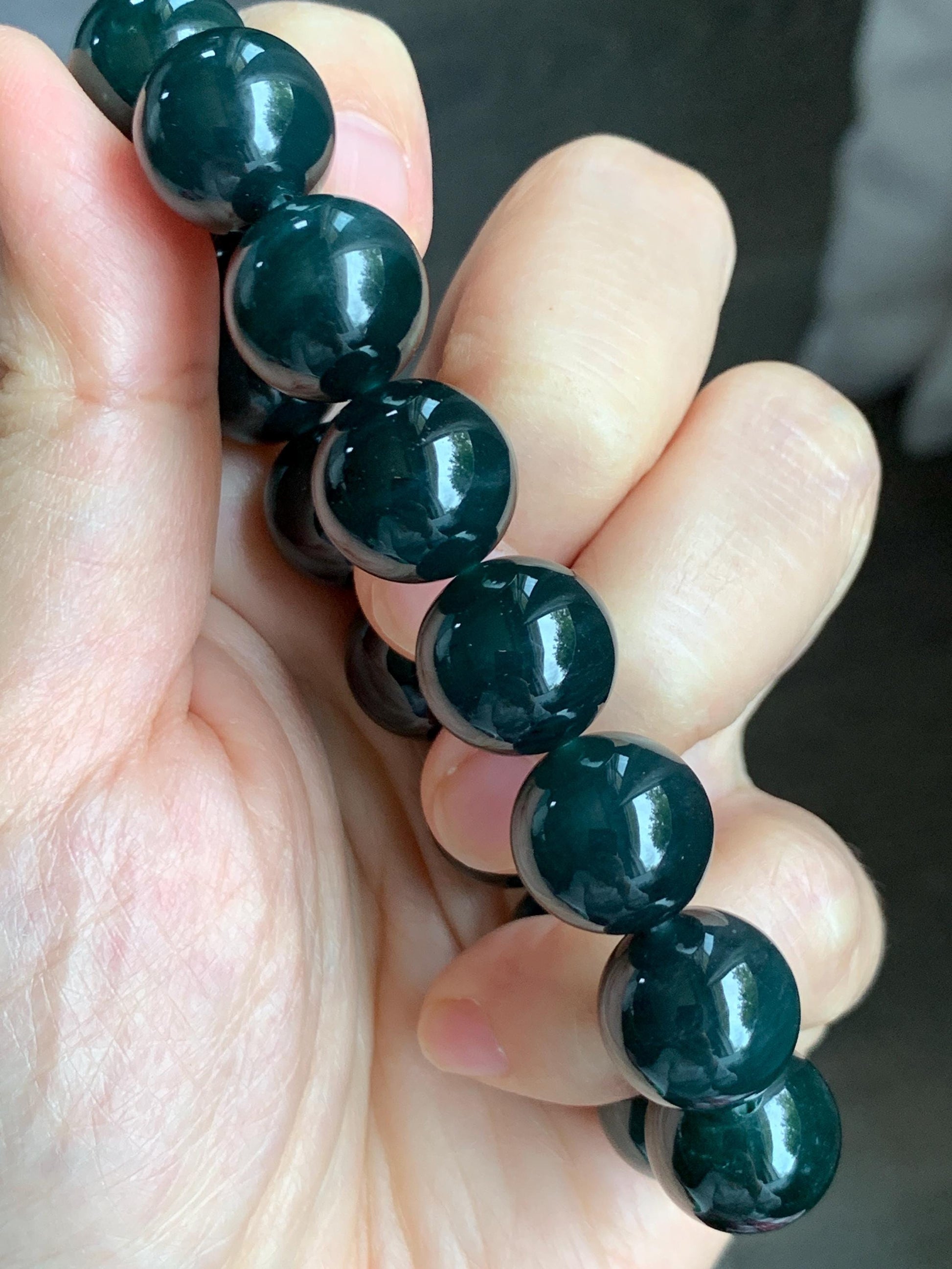 LARGE Natural Grade A Guatemalan Icy Translucent Dark Teal Green Wuji Jade Jadeite Beaded Bracelet 14mm 7.75” 70g 天然冰危深老蓝水翡翠大卡手串 WLL770A