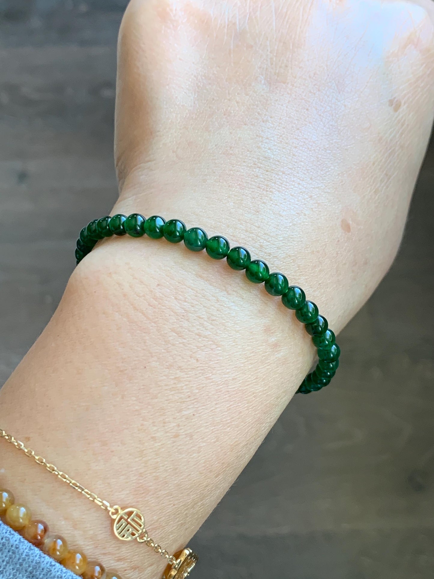 Natural Grade A Guatemalan Icy Translucent Rich Green Jade Jadeite Petite Beads Beaded Bracelet 4.1-4.7mm 7” 7g 天然冰危绿翡翠小卡圆珠手串 WDU180