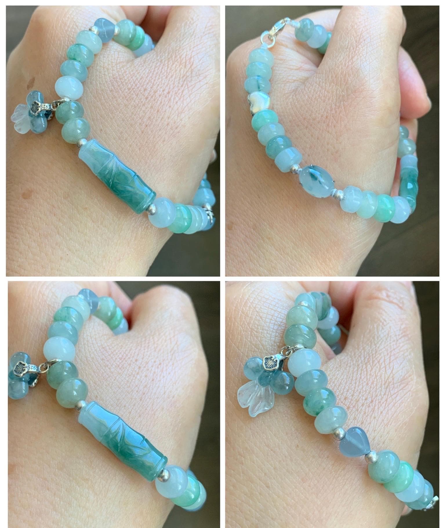 Natural Grade A Icy Translucent Multicolored Jade Jadeite Bamboo Charms & Drum Beads Beaded Bracelet Sterling Silver 7" 天然冰胶多宝翡翠鼓珠手串 MSJ336