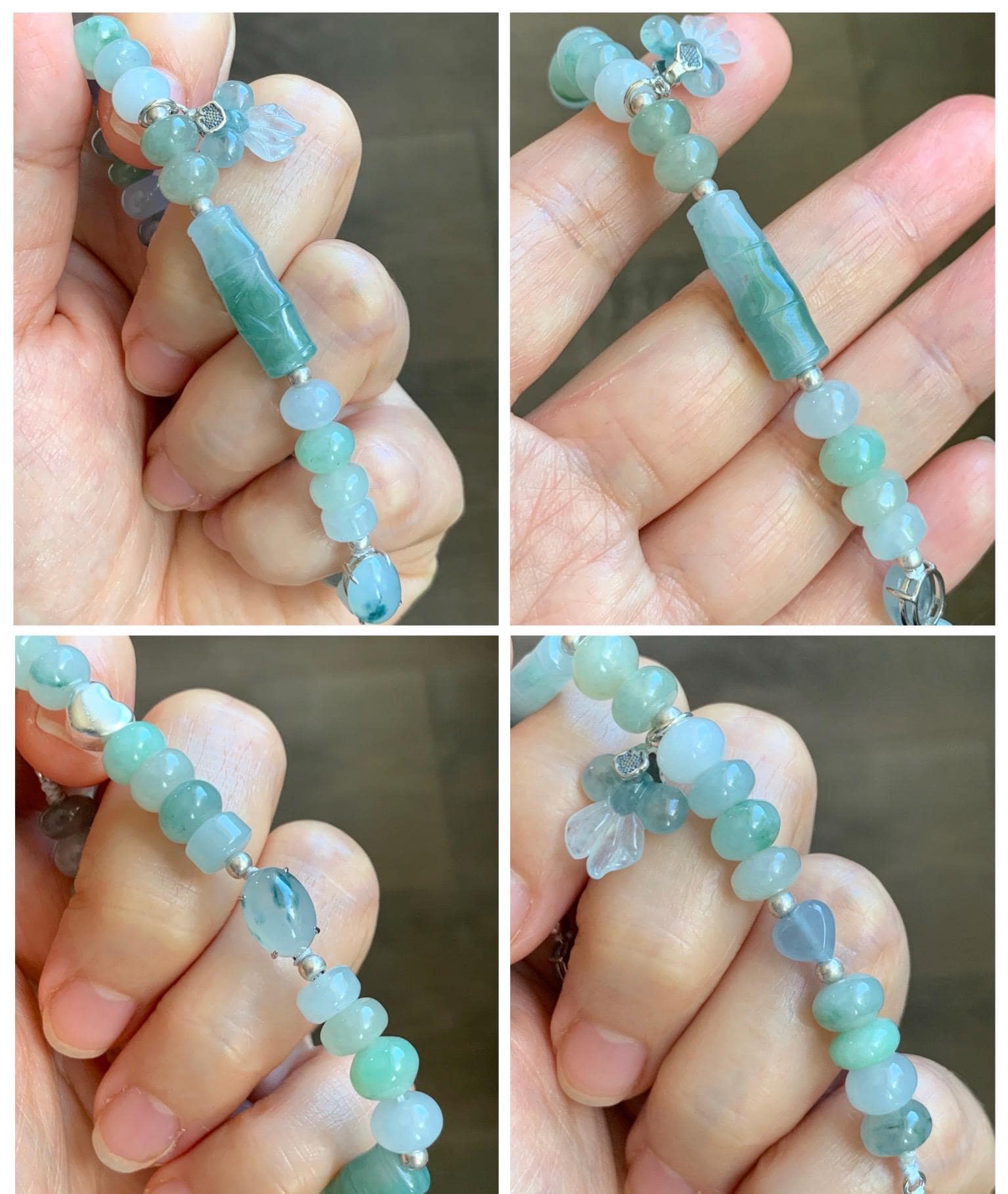 Natural Grade A Icy Translucent Multicolored Jade Jadeite Bamboo Charms & Drum Beads Beaded Bracelet Sterling Silver 7" 天然冰胶多宝翡翠鼓珠手串 MSJ336