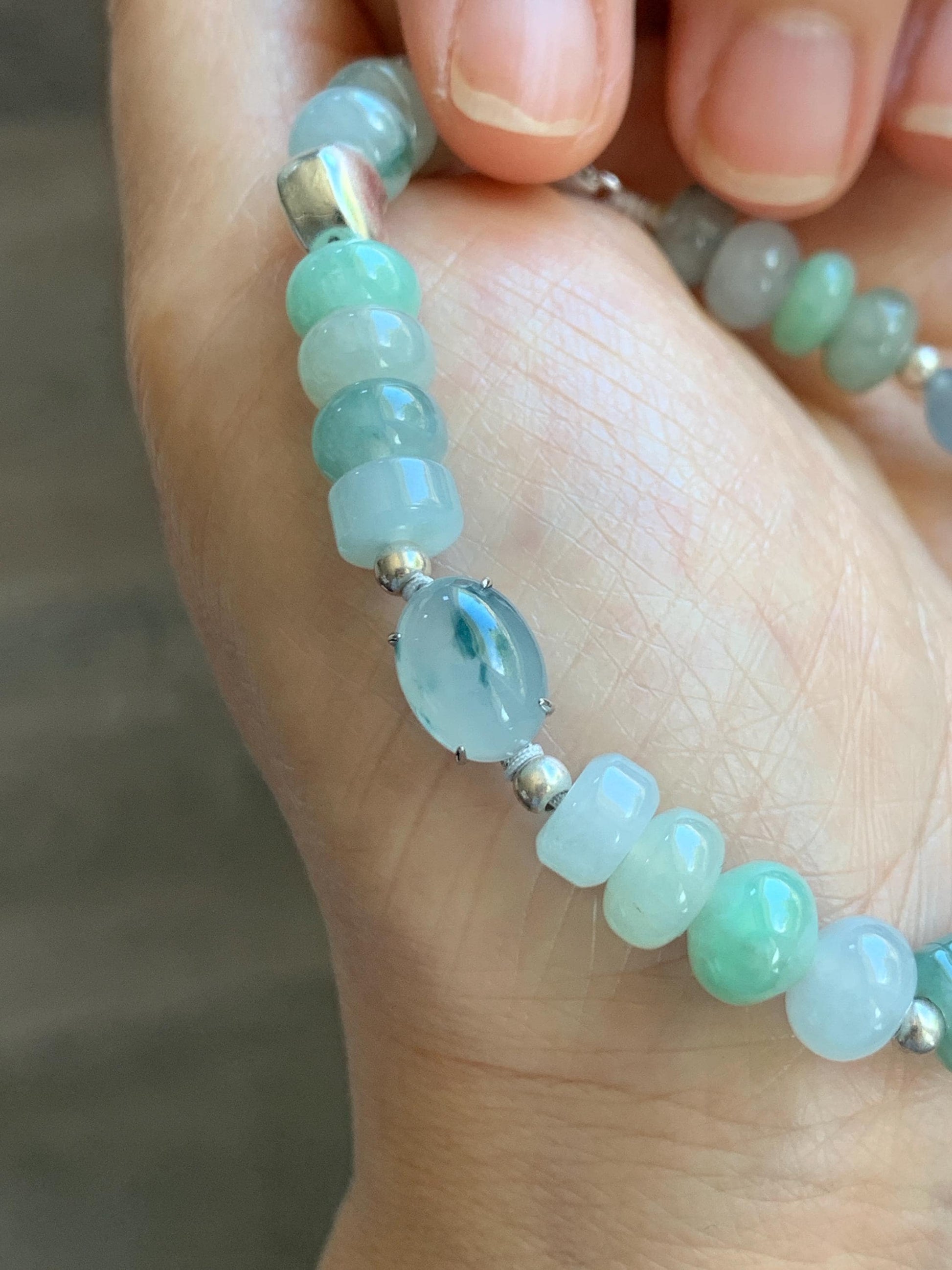 Natural Grade A Icy Translucent Multicolored Jade Jadeite Bamboo Charms & Drum Beads Beaded Bracelet Sterling Silver 7" 天然冰胶多宝翡翠鼓珠手串 MSJ336