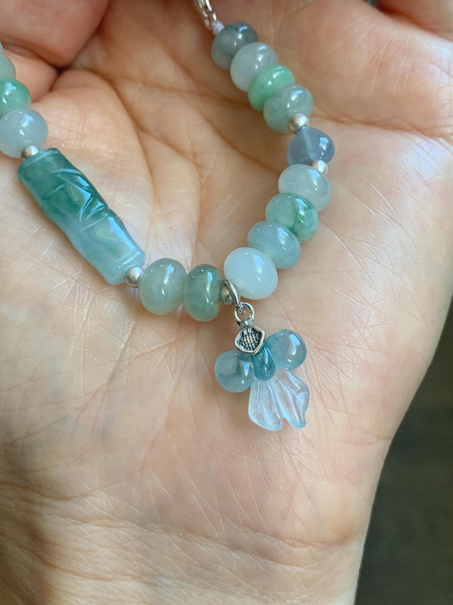 Natural Grade A Icy Translucent Multicolored Jade Jadeite Bamboo Charms & Drum Beads Beaded Bracelet Sterling Silver 7" 天然冰胶多宝翡翠鼓珠手串 MSJ336