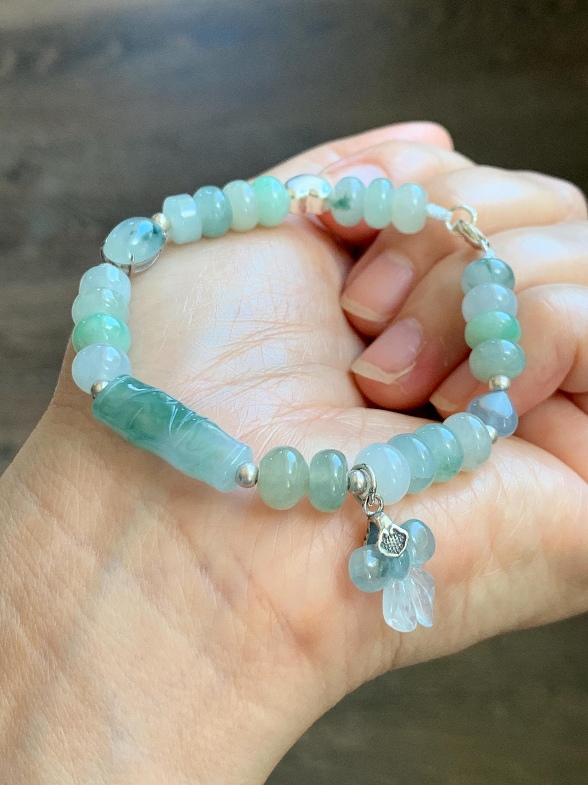 Natural Grade A Icy Translucent Multicolored Jade Jadeite Bamboo Charms & Drum Beads Beaded Bracelet Sterling Silver 7" 天然冰胶多宝翡翠鼓珠手串 MSJ336