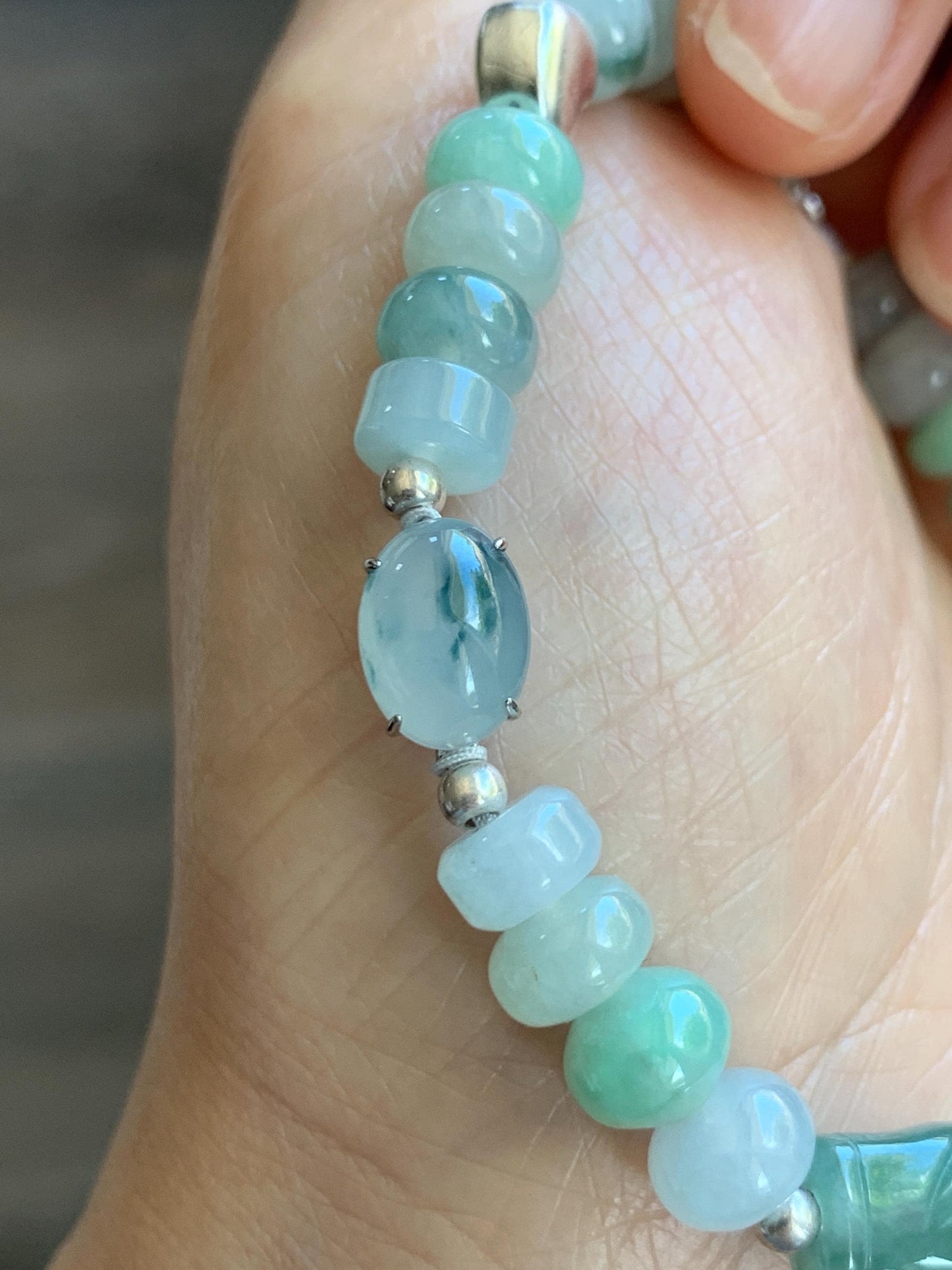 Natural Grade A Icy Translucent Multicolored Jade Jadeite Bamboo Charms & Drum Beads Beaded Bracelet Sterling Silver 7" 天然冰胶多宝翡翠鼓珠手串 MSJ336
