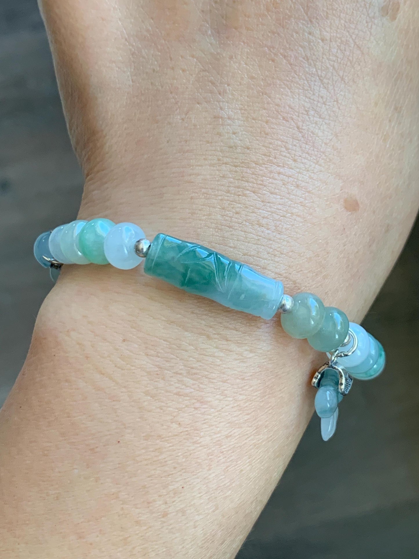Natural Grade A Icy Translucent Multicolored Jade Jadeite Bamboo Charms & Drum Beads Beaded Bracelet Sterling Silver 7" 天然冰胶多宝翡翠鼓珠手串 MSJ336