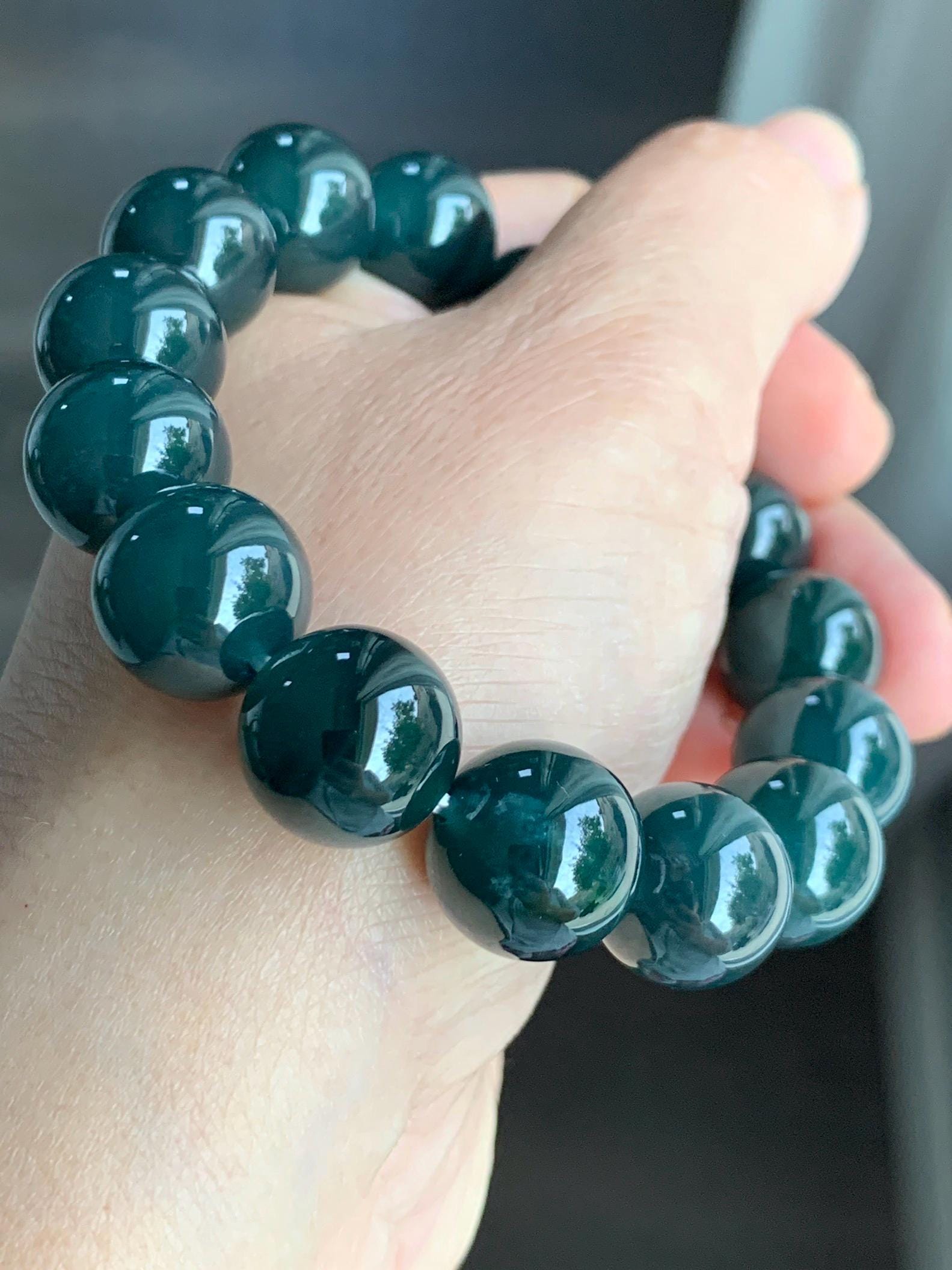 LARGE Natural Grade A Guatemalan Icy Translucent Dark Teal Green Wuji Jade Jadeite Beaded Bracelet 13.8mm 7.75” 69g 天然冰危深老蓝水翡翠大卡手串 WLL770B
