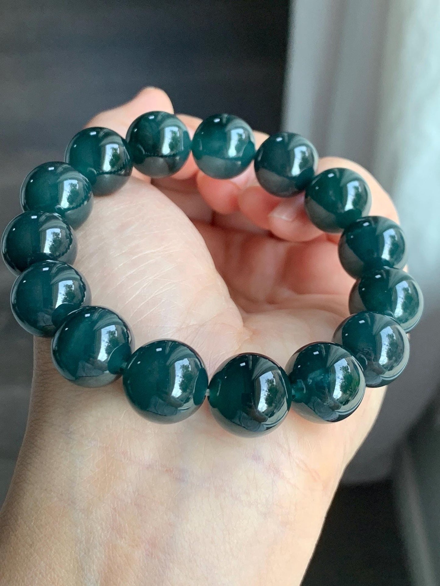 LARGE Natural Grade A Guatemalan Icy Translucent Dark Teal Green Wuji Jade Jadeite Beaded Bracelet 13.8mm 7.75” 69g 天然冰危深老蓝水翡翠大卡手串 WLL770B