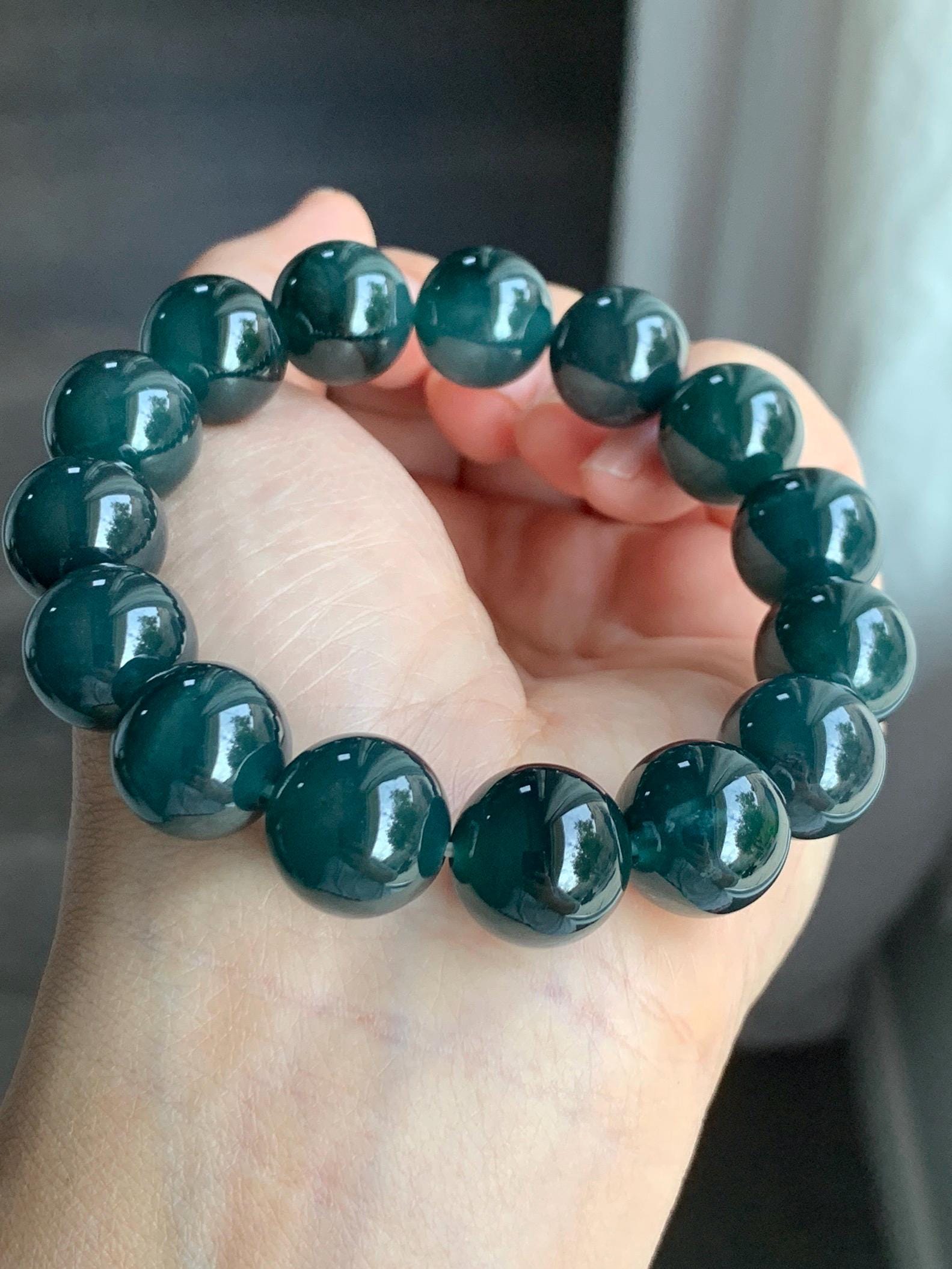 LARGE Natural Grade A Guatemalan Icy Translucent Dark Teal Green Wuji Jade Jadeite Beaded Bracelet 13.8mm 7.75” 69g 天然冰危深老蓝水翡翠大卡手串 WLL770B