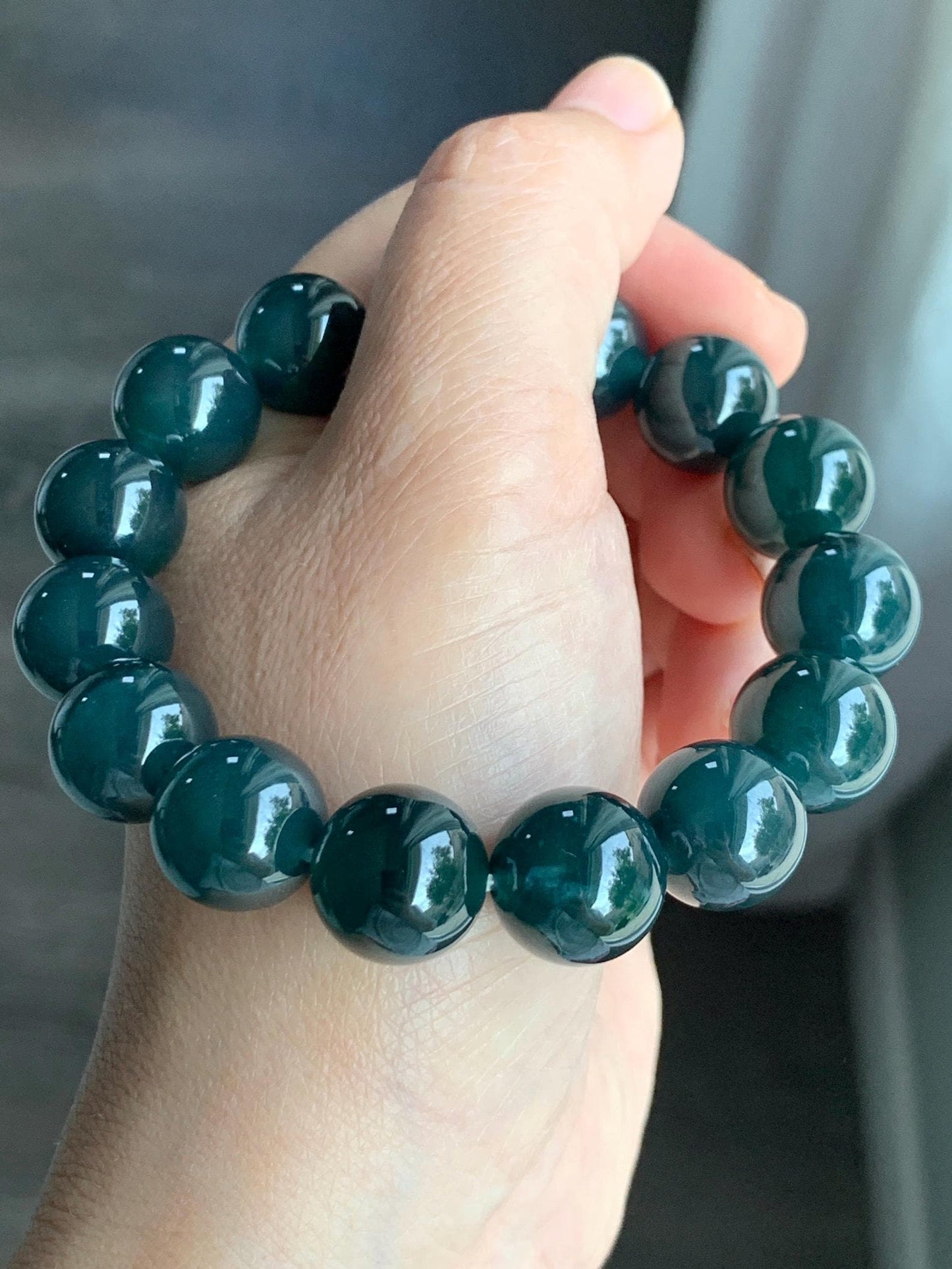 LARGE Natural Grade A Guatemalan Icy Translucent Dark Teal Green Wuji Jade Jadeite Beaded Bracelet 13.8mm 7.75” 69g 天然冰危深老蓝水翡翠大卡手串 WLL770B