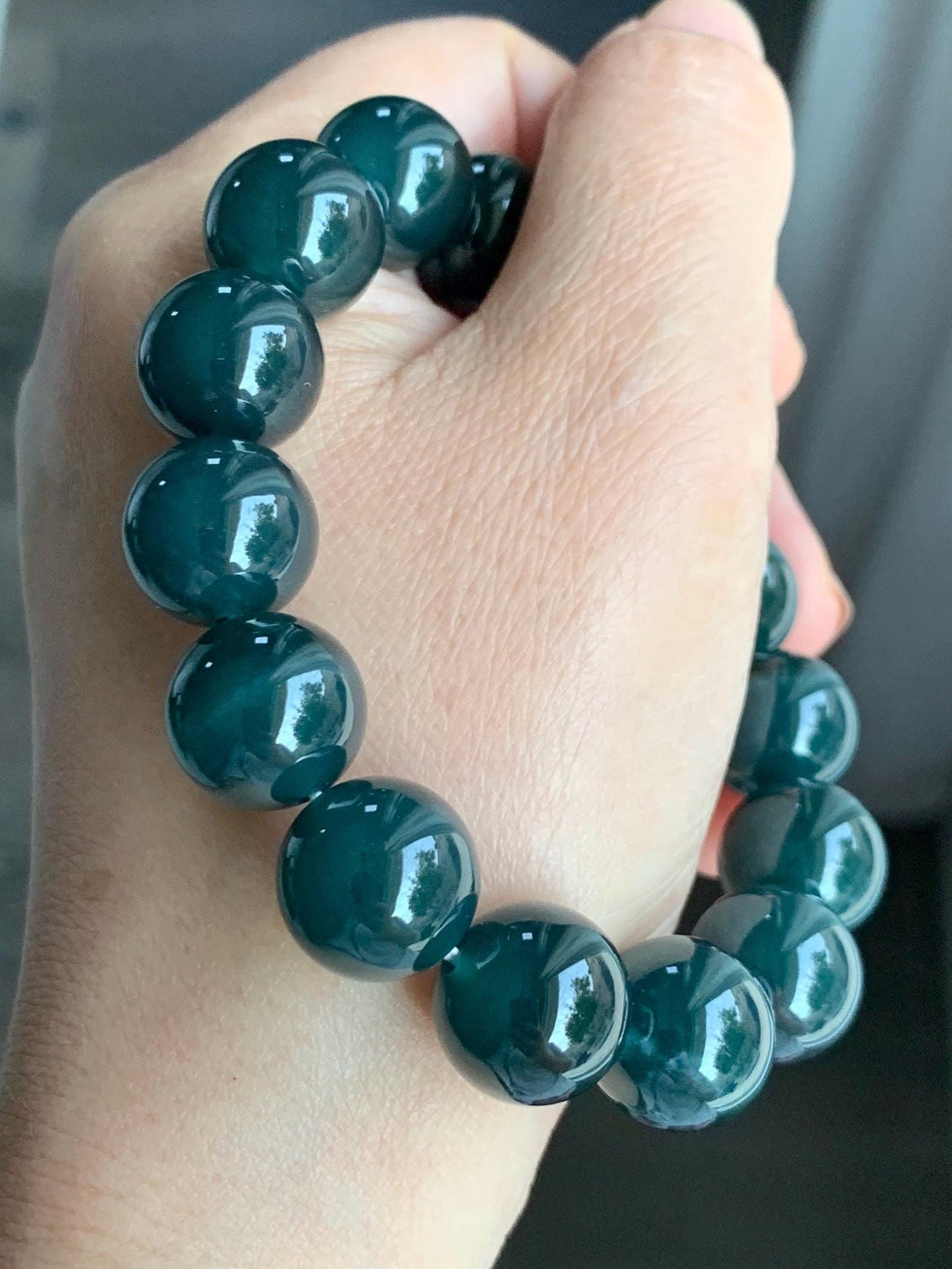 LARGE Natural Grade A Guatemalan Icy Translucent Dark Teal Green Wuji Jade Jadeite Beaded Bracelet 13.8mm 7.75” 69g 天然冰危深老蓝水翡翠大卡手串 WLL770B