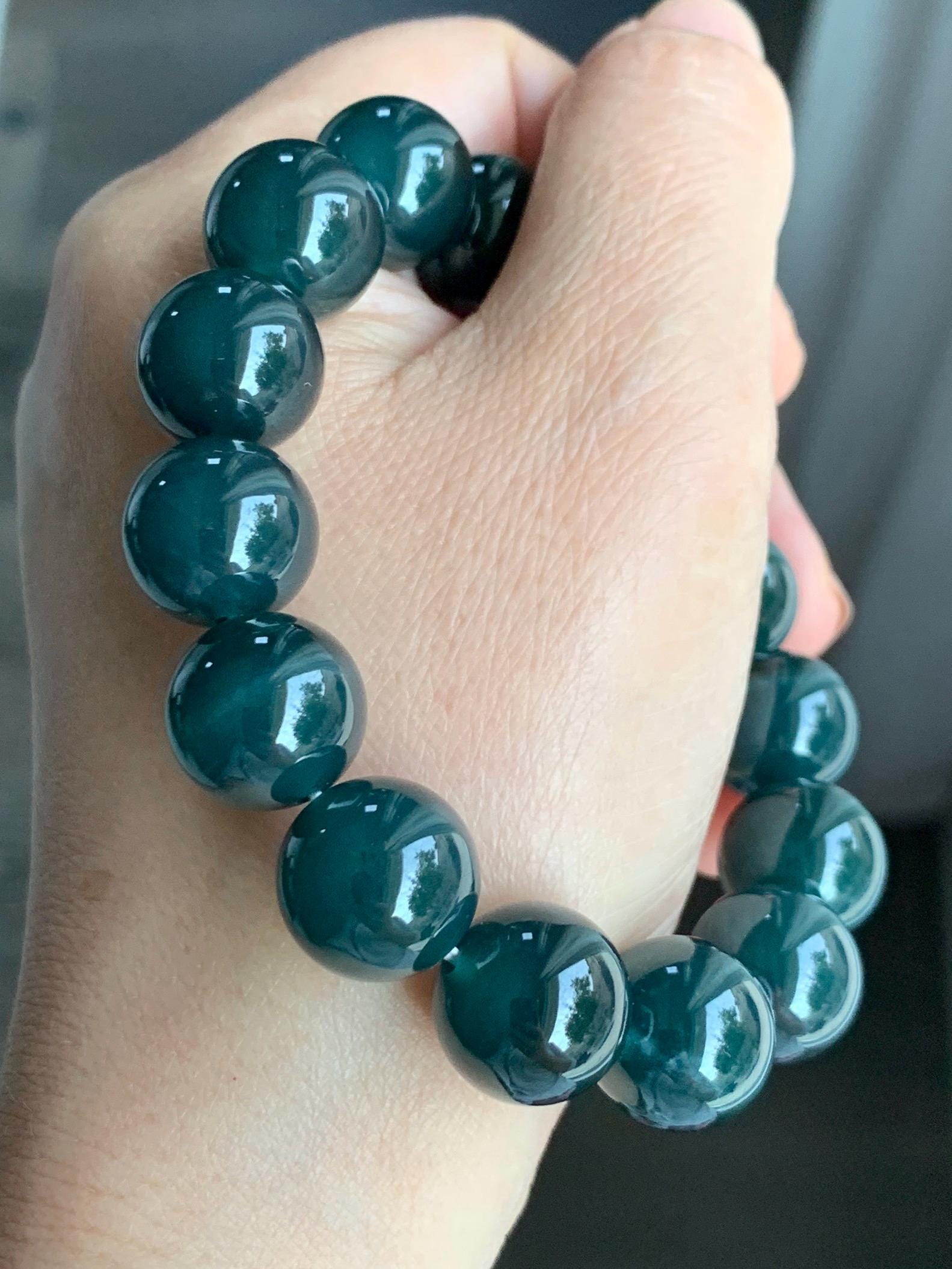 LARGE Natural Grade A Guatemalan Icy Translucent Dark Teal Green Wuji Jade Jadeite Beaded Bracelet 13.8mm 7.75” 69g 天然冰危深老蓝水翡翠大卡手串 WLL770B
