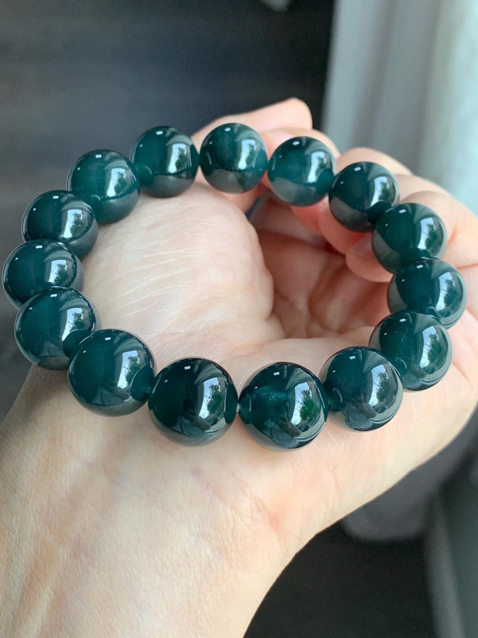 LARGE Natural Grade A Guatemalan Icy Translucent Dark Teal Green Wuji Jade Jadeite Beaded Bracelet 13.8mm 7.75” 69g 天然冰危深老蓝水翡翠大卡手串 WLL770B