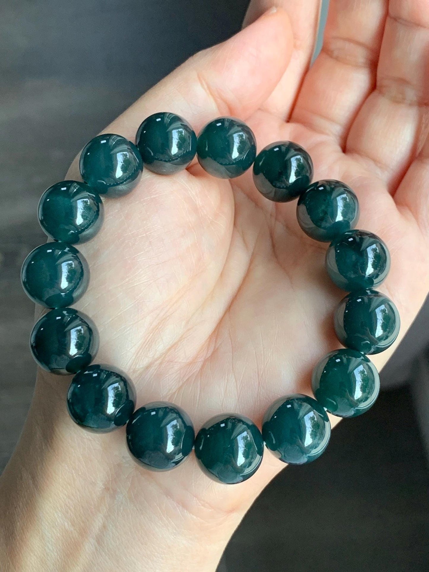 LARGE Natural Grade A Guatemalan Icy Translucent Dark Teal Green Wuji Jade Jadeite Beaded Bracelet 13.8mm 7.75” 69g 天然冰危深老蓝水翡翠大卡手串 WLL770B