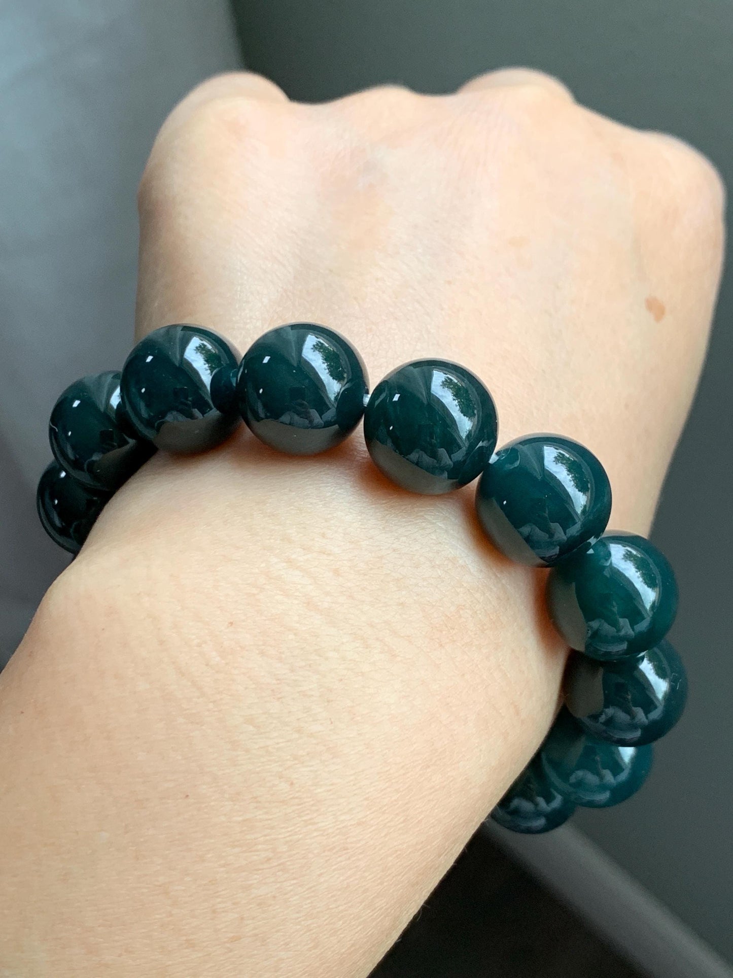 LARGE Natural Grade A Guatemalan Icy Translucent Dark Teal Green Wuji Jade Jadeite Beaded Bracelet 13.8mm 7.75” 69g 天然冰危深老蓝水翡翠大卡手串 WLL770B