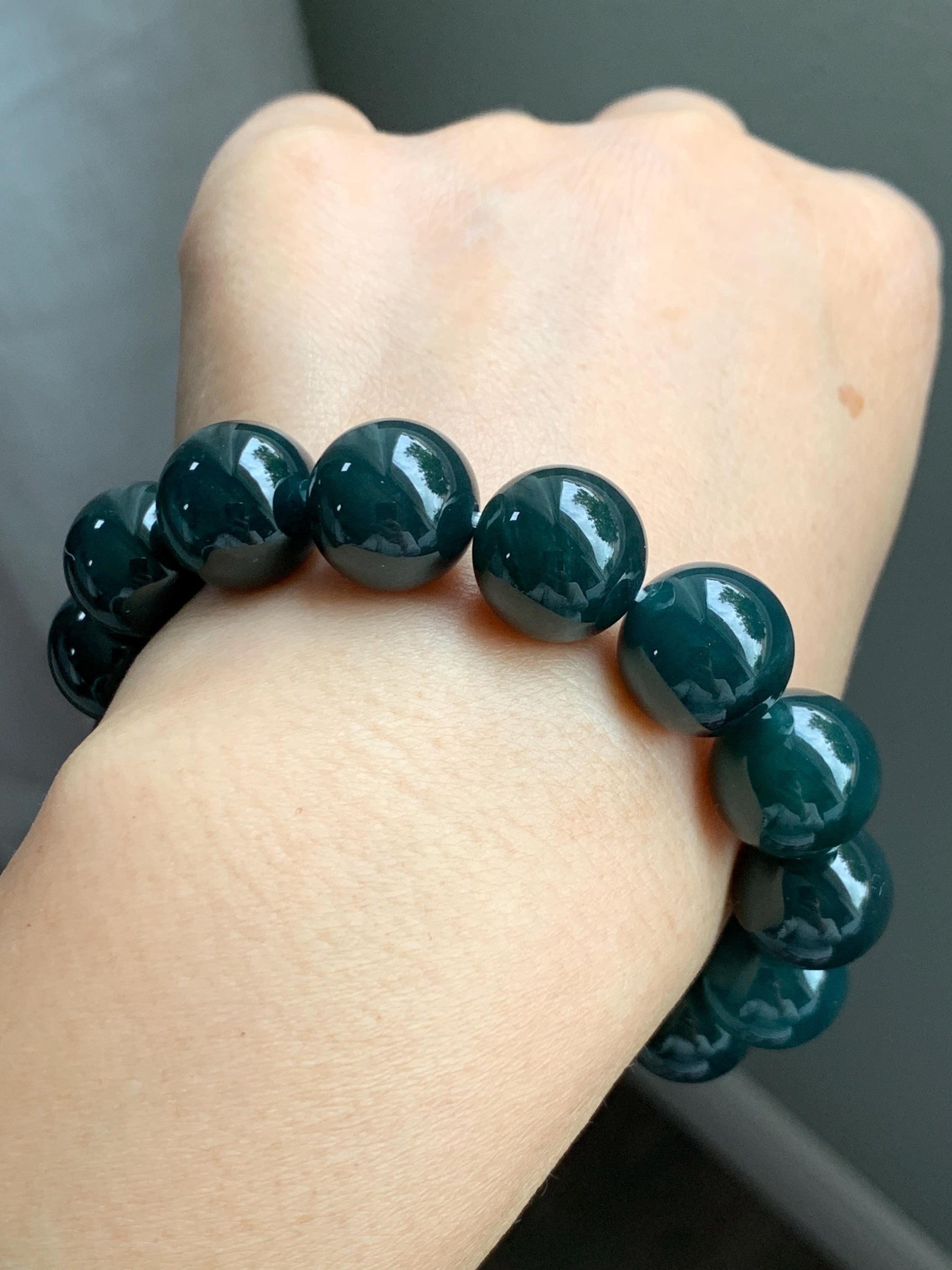 LARGE Natural Grade A Guatemalan Icy Translucent Dark Teal Green Wuji Jade Jadeite Beaded Bracelet 13.8mm 7.75” 69g 天然冰危深老蓝水翡翠大卡手串 WLL770B