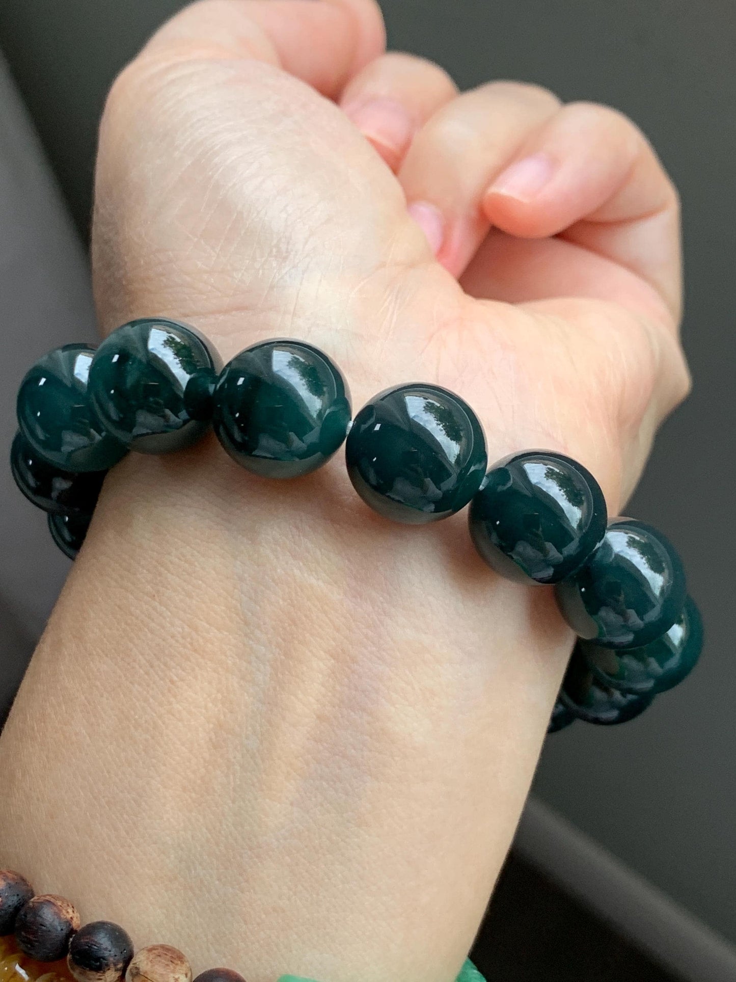 LARGE Natural Grade A Guatemalan Icy Translucent Dark Teal Green Wuji Jade Jadeite Beaded Bracelet 13.8mm 7.75” 69g 天然冰危深老蓝水翡翠大卡手串 WLL770B
