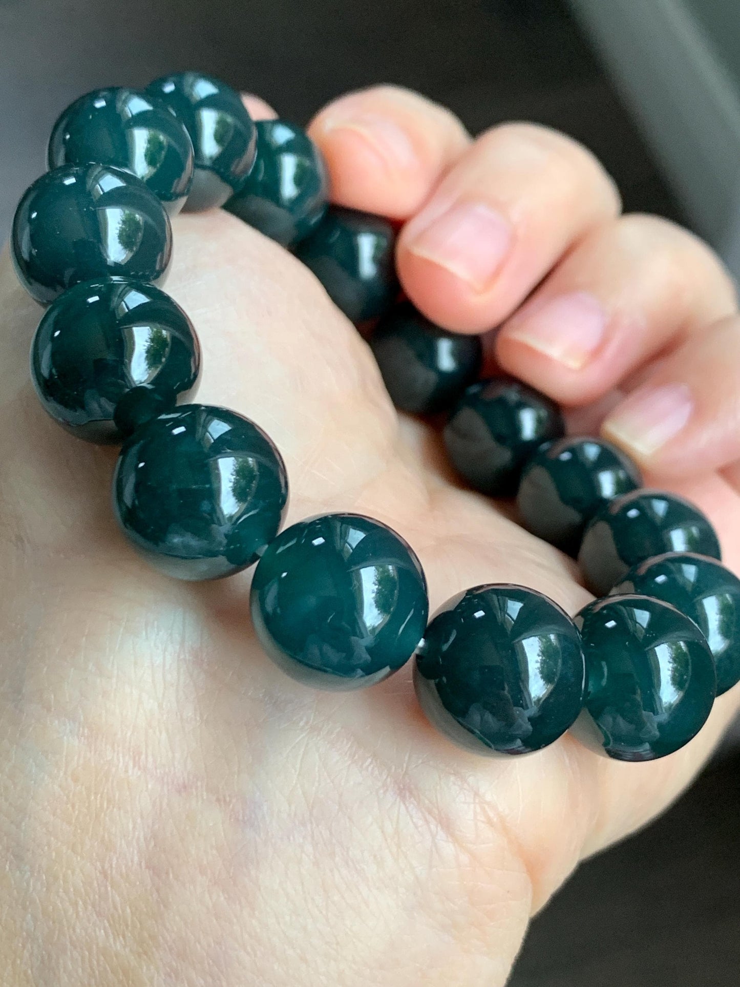 LARGE Natural Grade A Guatemalan Icy Translucent Dark Teal Green Wuji Jade Jadeite Beaded Bracelet 13.8mm 7.75” 69g 天然冰危深老蓝水翡翠大卡手串 WLL770B