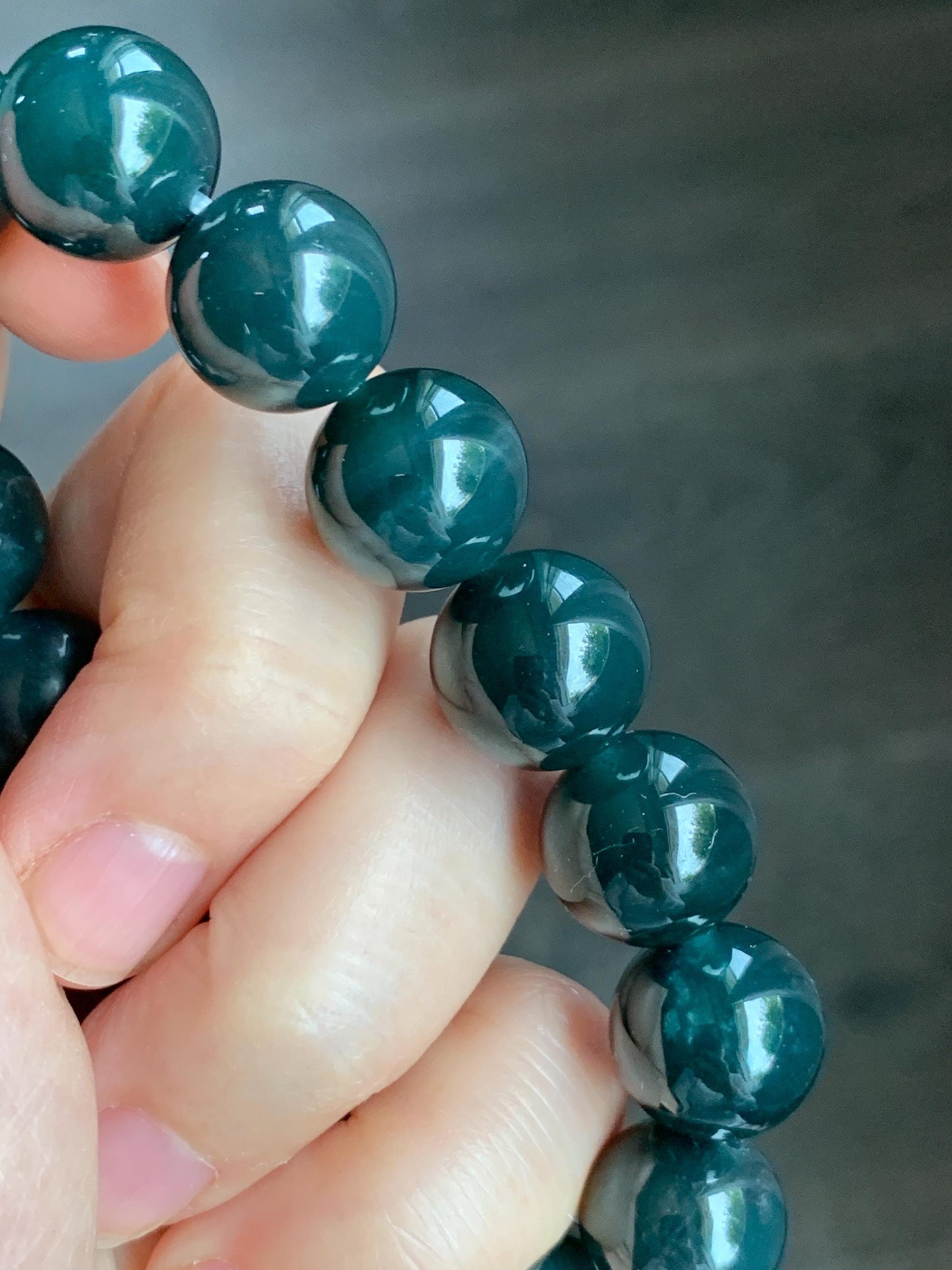 LARGE Natural Grade A Guatemalan Icy Translucent Dark Teal Green Wuji Jade Jadeite Beaded Bracelet 13.8mm 7.75” 69g 天然冰危深老蓝水翡翠大卡手串 WLL770B