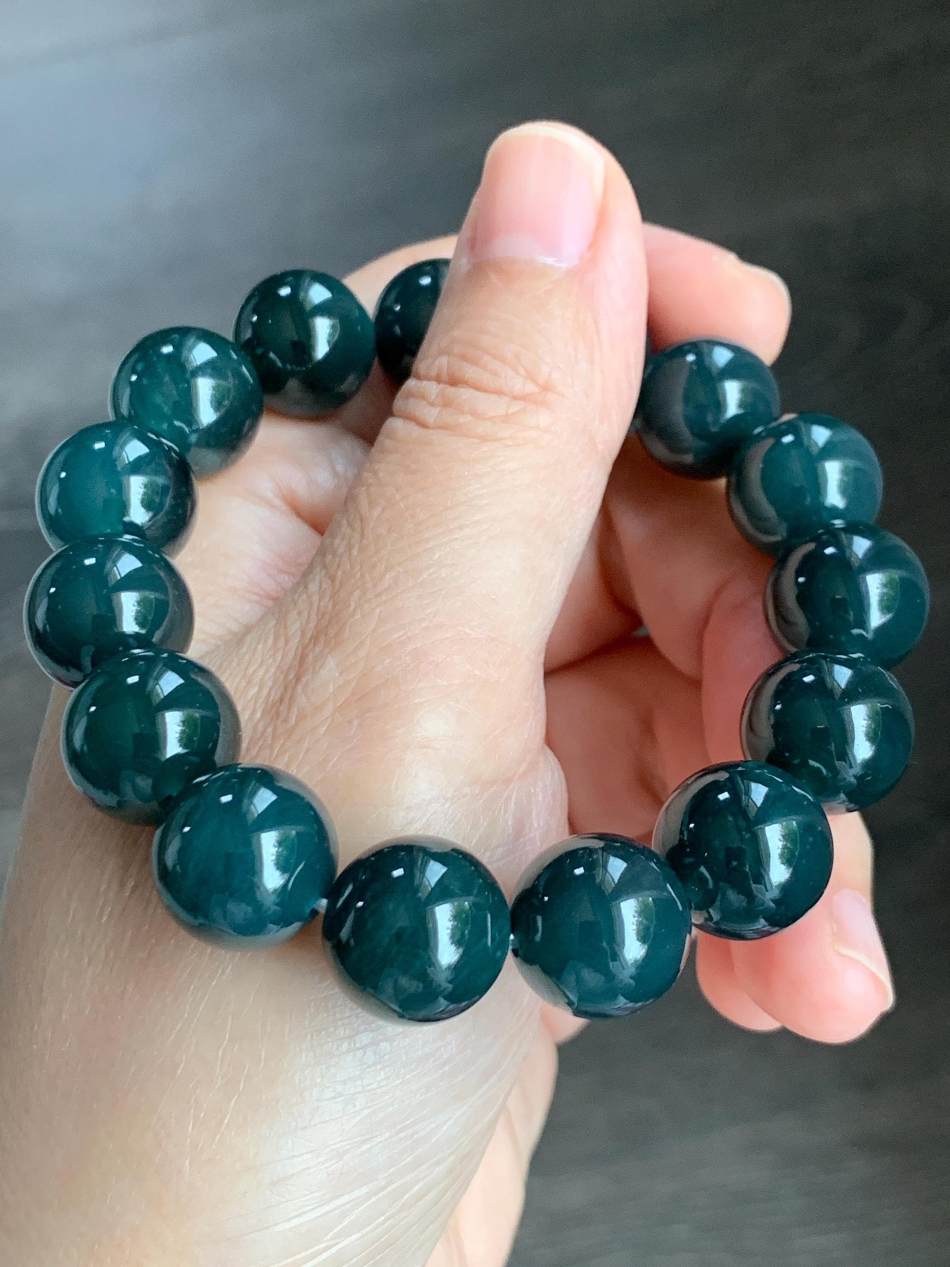 LARGE Natural Grade A Guatemalan Icy Translucent Dark Teal Green Wuji Jade Jadeite Beaded Bracelet 13.8mm 7.75” 69g 天然冰危深老蓝水翡翠大卡手串 WLL770B