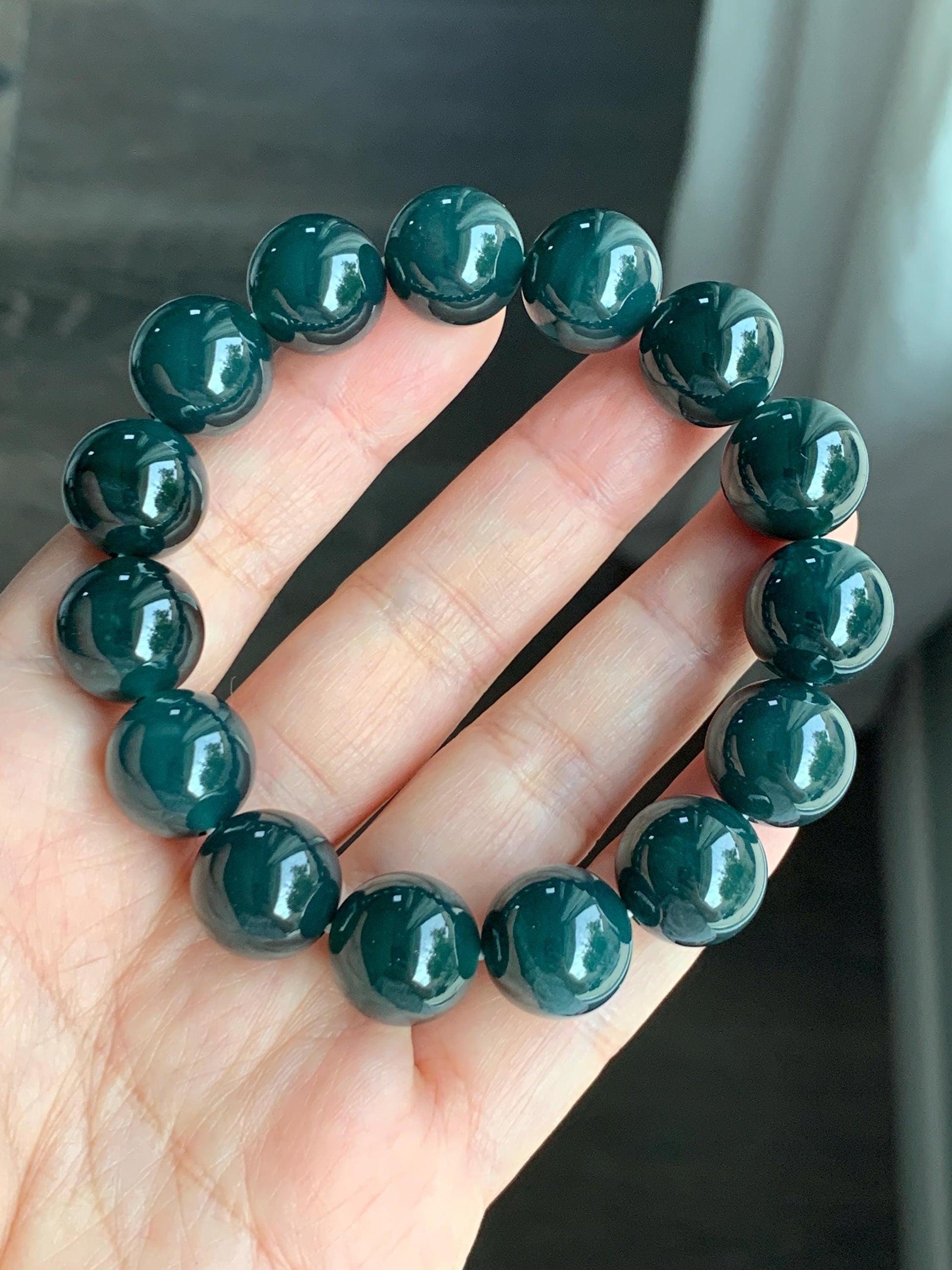 LARGE Natural Grade A Guatemalan Icy Translucent Dark Teal Green Wuji Jade Jadeite Beaded Bracelet 13.8mm 7.75” 69g 天然冰危深老蓝水翡翠大卡手串 WLL770B