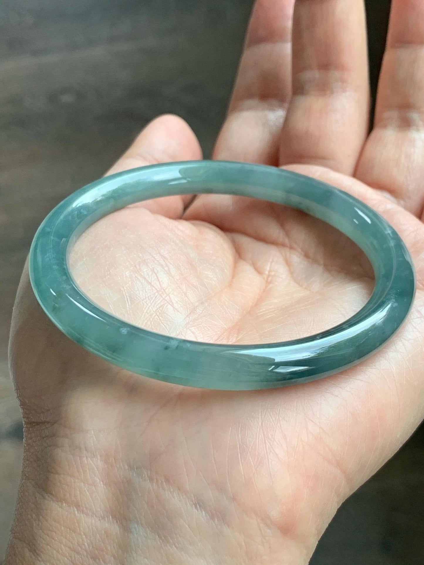 Certified Natural Grade A Guatemalan Icy Translucent Dusty Teal Green Wuji Jade Jadeite Bangle 58.5mm 7.23” 31g 天然冰胶危蓝绿乌鸡翡翠圆条手镯 1181