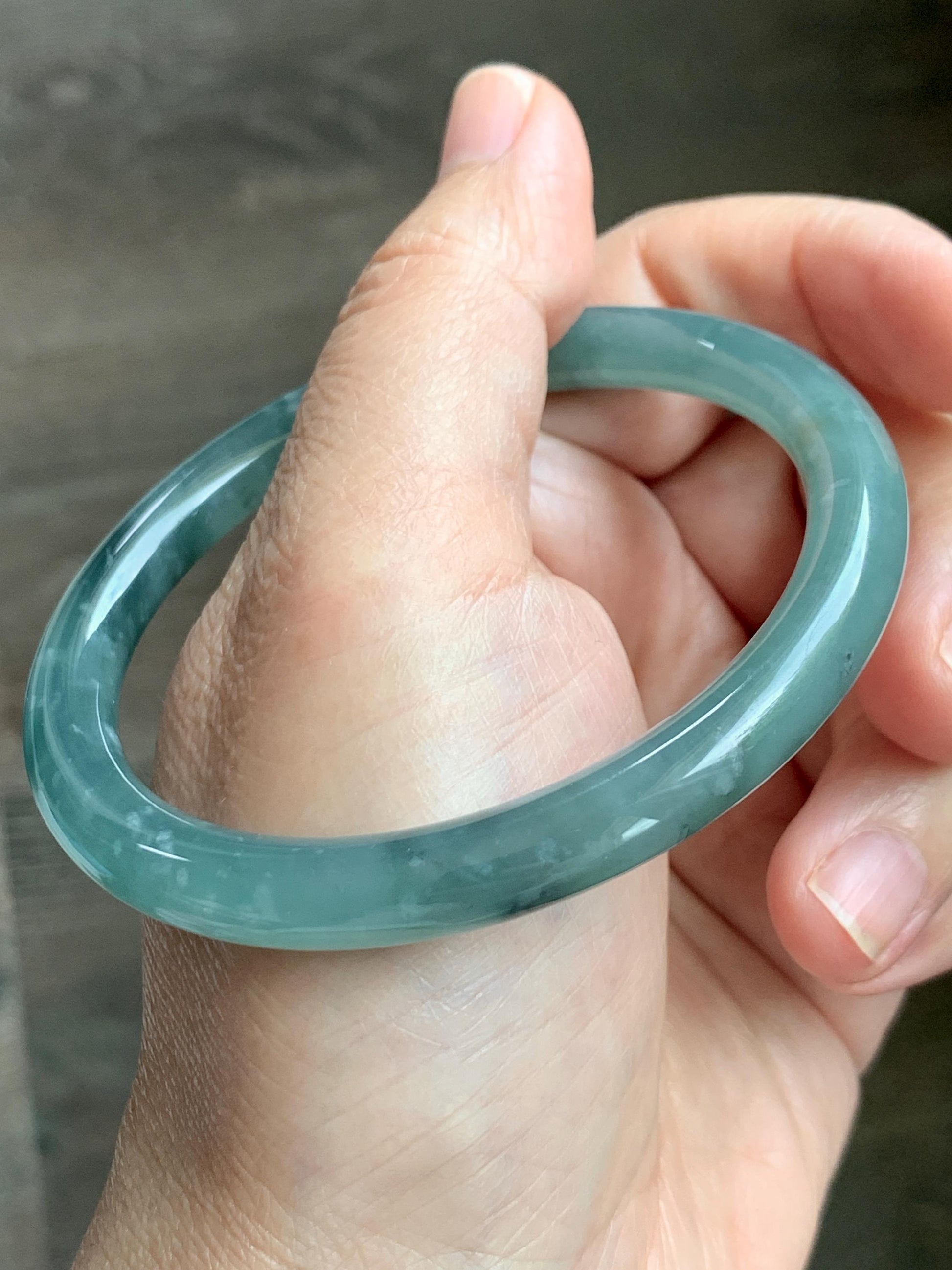 Certified Natural Grade A Guatemalan Icy Translucent Dusty Teal Green Wuji Jade Jadeite Bangle 58.5mm 7.23” 31g 天然冰胶危蓝绿乌鸡翡翠圆条手镯 1181