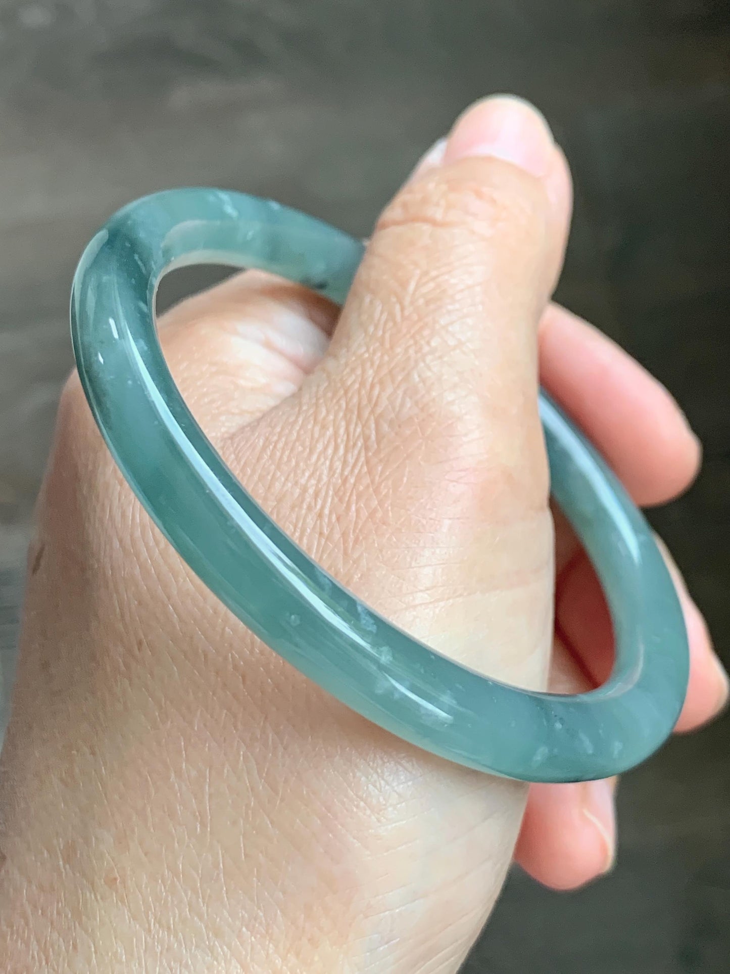 Certified Natural Grade A Guatemalan Icy Translucent Dusty Teal Green Wuji Jade Jadeite Bangle 58.5mm 7.23” 31g 天然冰胶危蓝绿乌鸡翡翠圆条手镯 1181