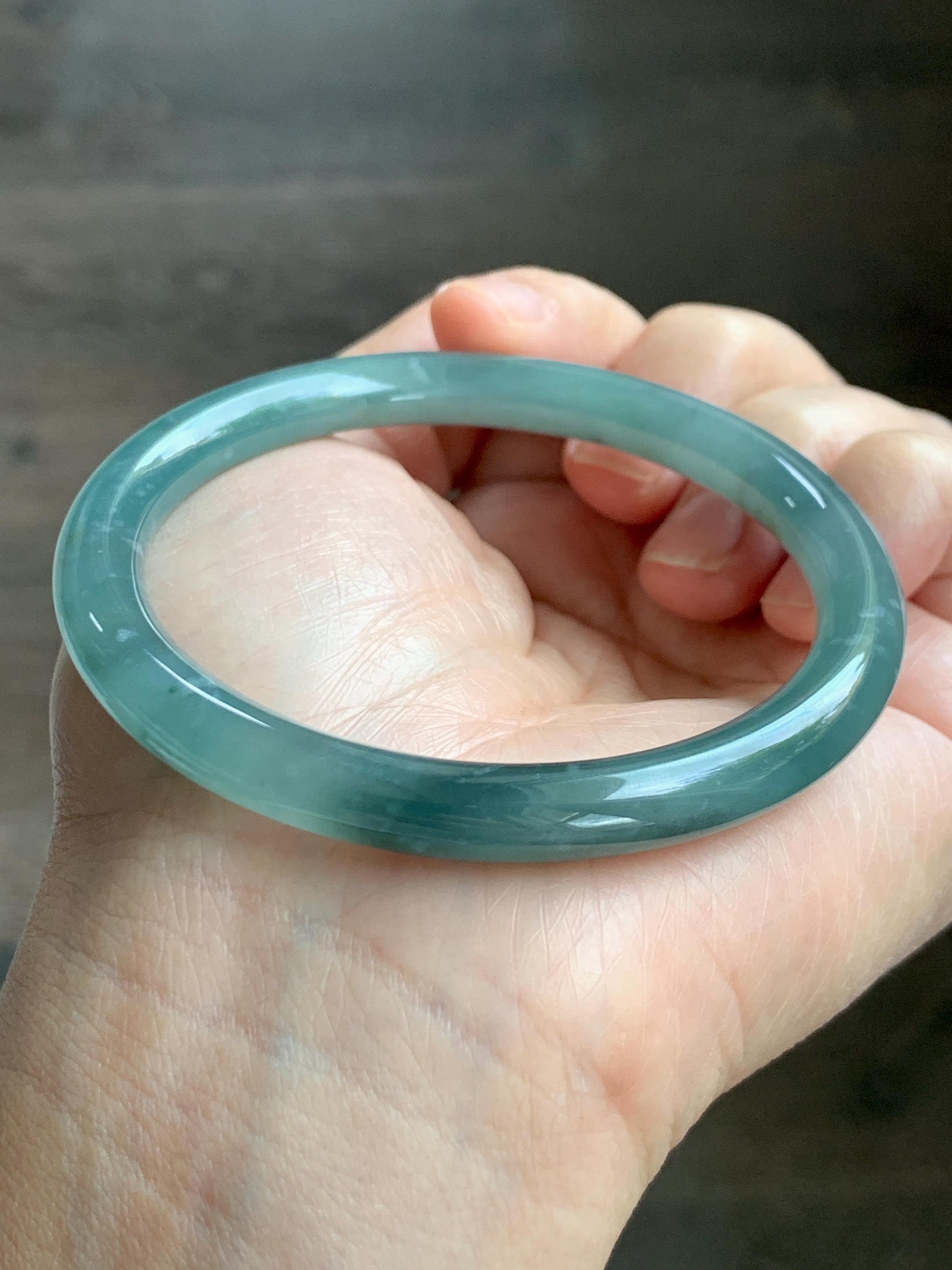 Certified Natural Grade A Guatemalan Icy Translucent Dusty Teal Green Wuji Jade Jadeite Bangle 58.5mm 7.23” 31g 天然冰胶危蓝绿乌鸡翡翠圆条手镯 1181