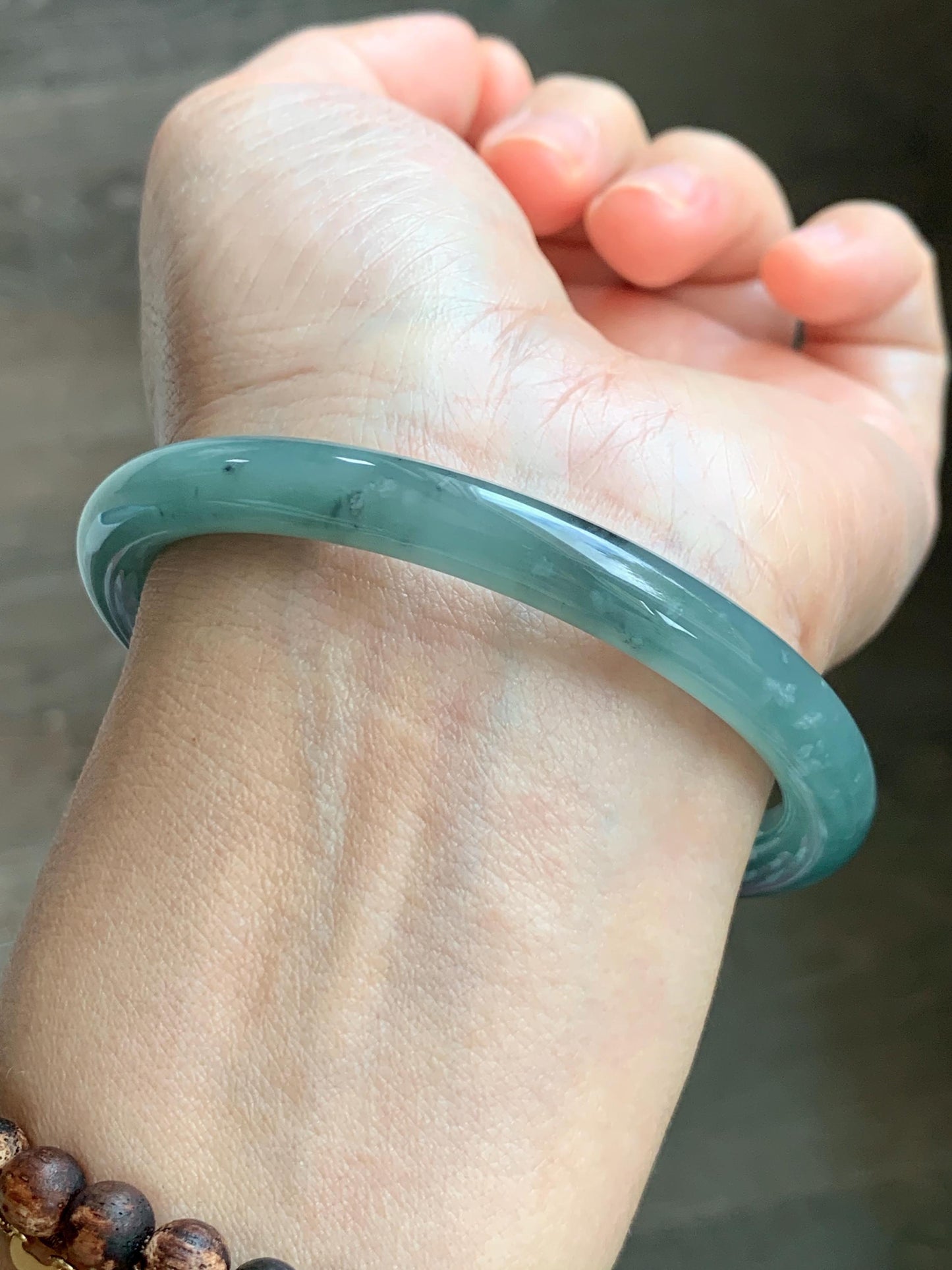 Certified Natural Grade A Guatemalan Icy Translucent Dusty Teal Green Wuji Jade Jadeite Bangle 58.5mm 7.23” 31g 天然冰胶危蓝绿乌鸡翡翠圆条手镯 1181