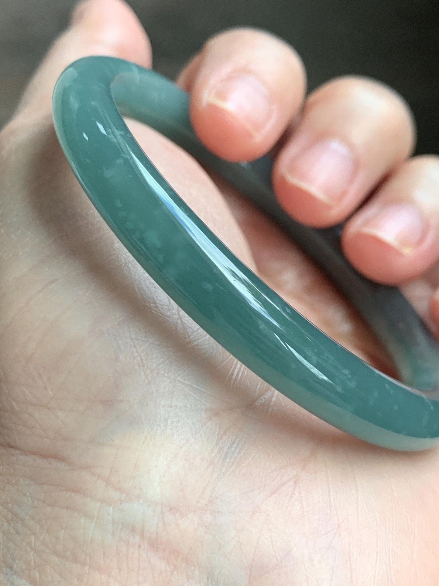 Certified Natural Grade A Guatemalan Icy Translucent Dusty Teal Green Wuji Jade Jadeite Bangle 55.5 6.86” 31g 天然冰危暗蓝绿乌鸡翡翠圆条手镯 1183