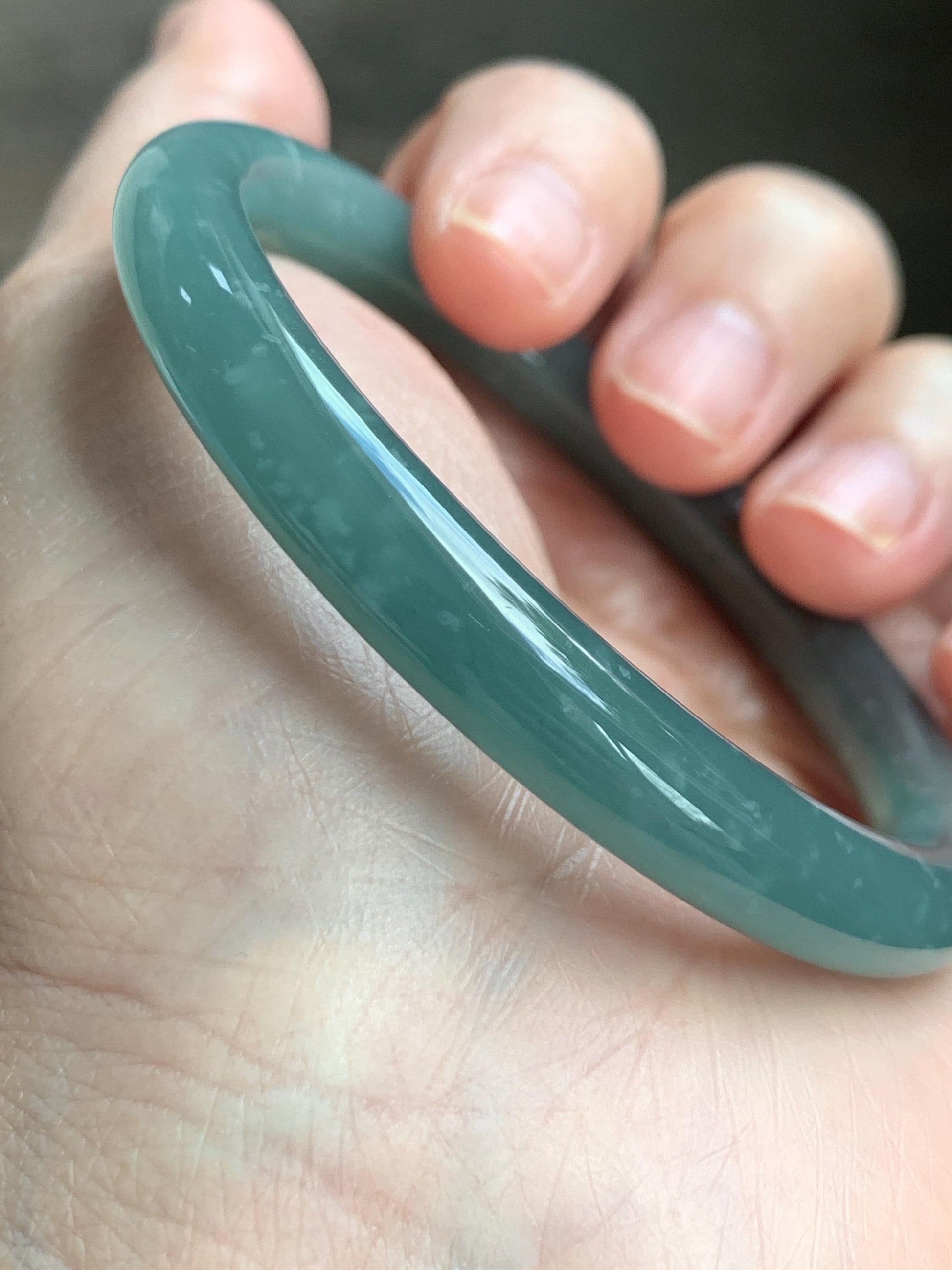 Certified Natural Grade A Guatemalan Icy Translucent Dusty Teal Green Wuji Jade Jadeite Bangle 55.5 6.86” 31g 天然冰危暗蓝绿乌鸡翡翠圆条手镯 1183