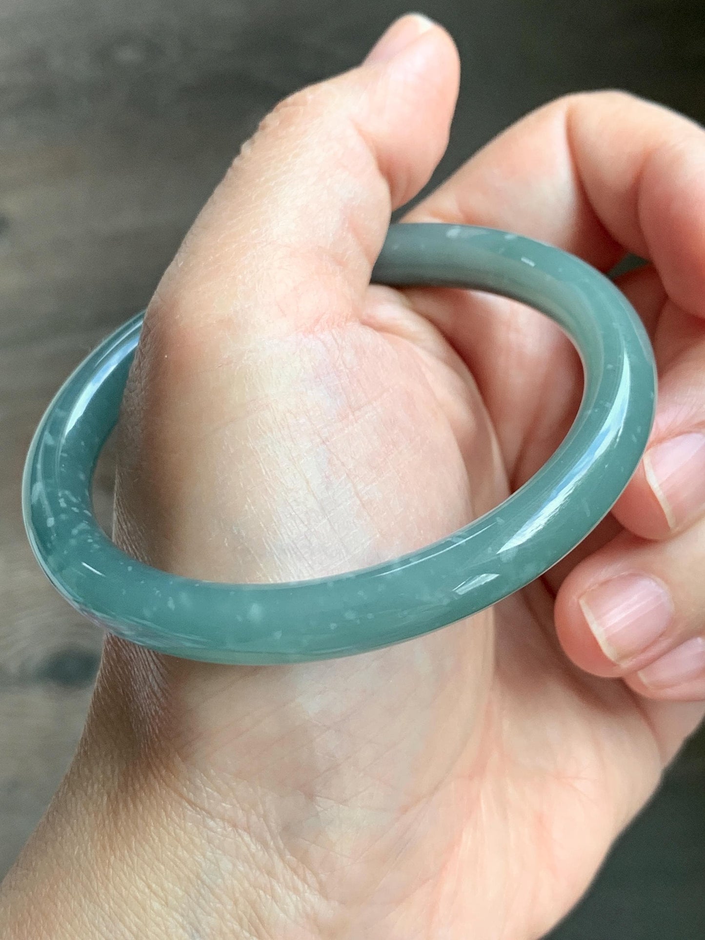 Certified Natural Grade A Guatemalan Icy Translucent Dusty Teal Green Wuji Jade Jadeite Bangle 55.5 6.86” 31g 天然冰危暗蓝绿乌鸡翡翠圆条手镯 1183