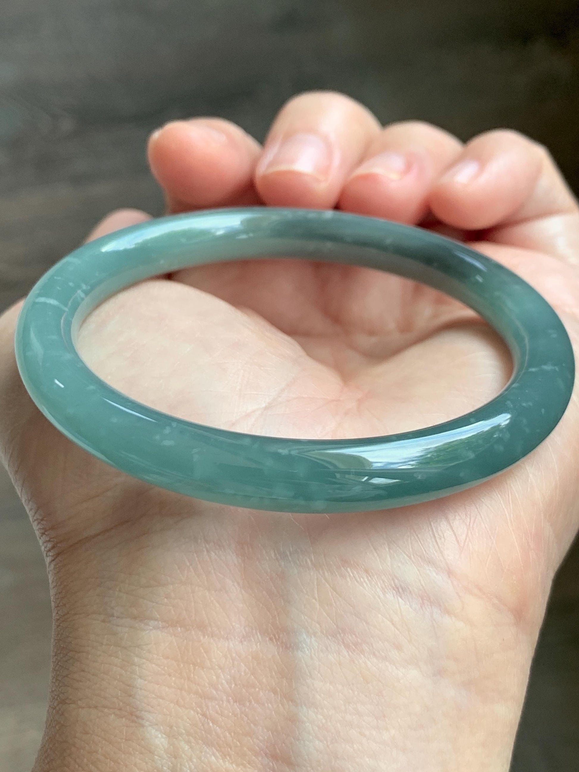 Certified Natural Grade A Guatemalan Icy Translucent Dusty Teal Green Wuji Jade Jadeite Bangle 55.5 6.86” 31g 天然冰危暗蓝绿乌鸡翡翠圆条手镯 1183