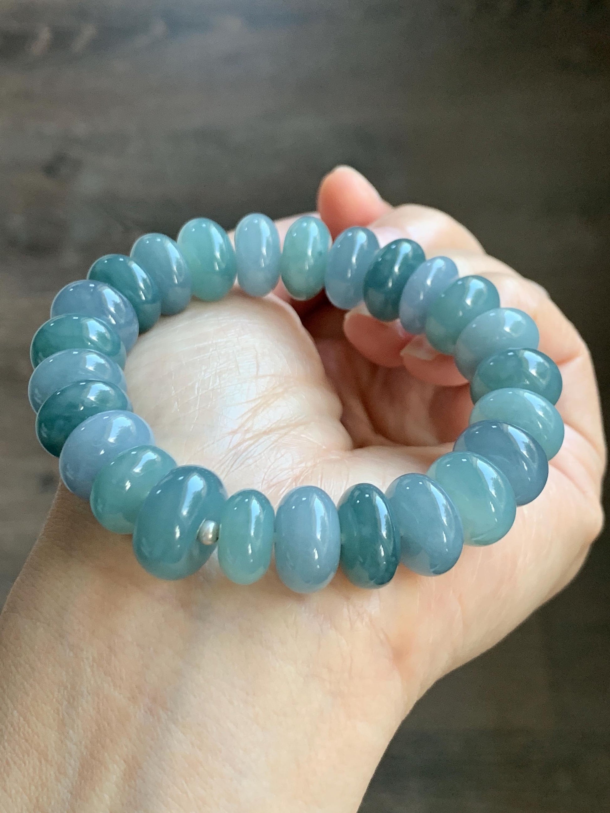 Natural Grade A Guatemalan Icy Translucent Multicolored Blue Jade Jadeite Jumbo Drum Beads Beaded Bracelet 6.5” 58g 天然冰危蓝水多宝翡翠大鼓珠手串 WZB425