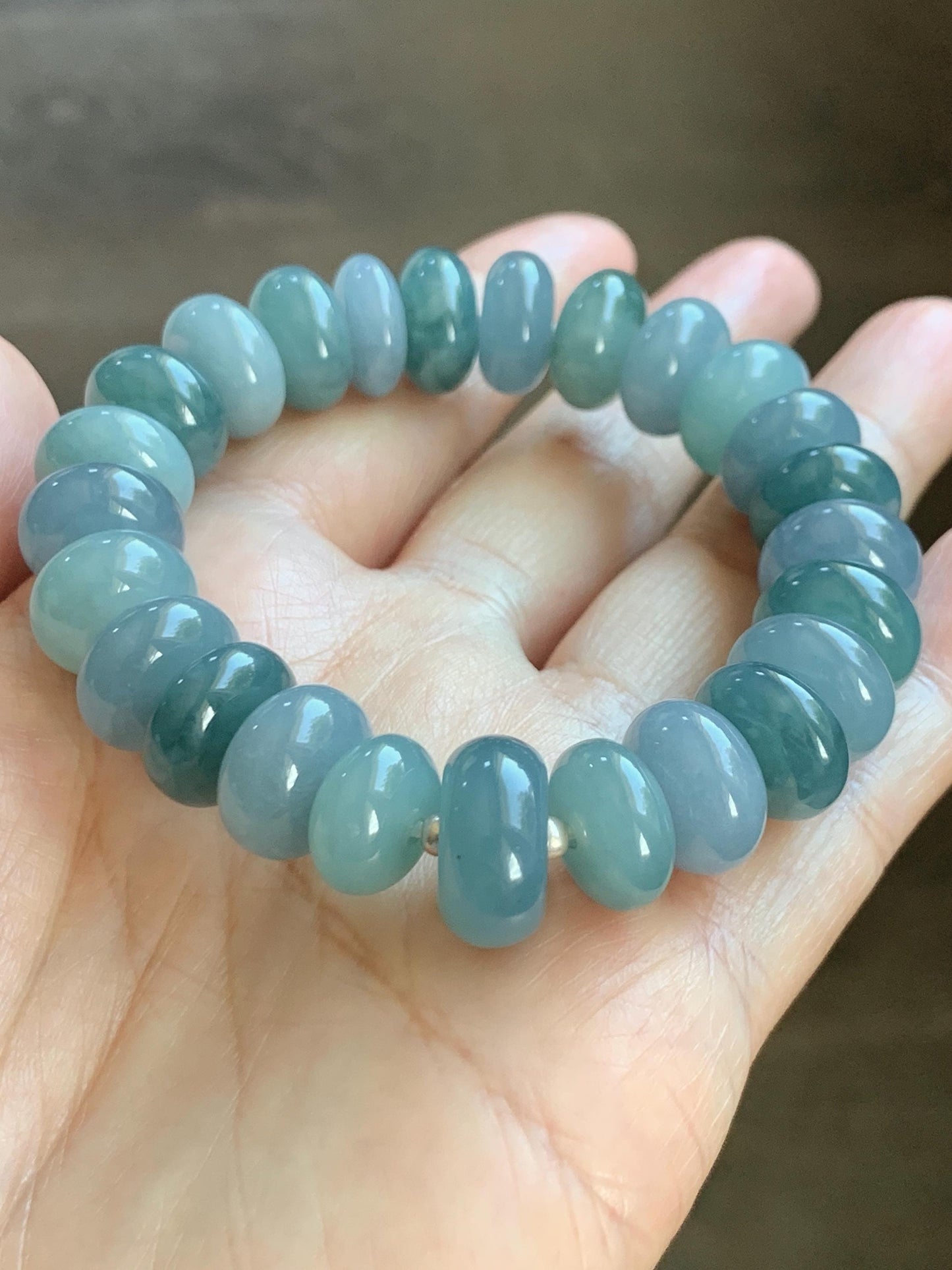 Natural Grade A Guatemalan Icy Translucent Multicolored Blue Jade Jadeite Jumbo Drum Beads Beaded Bracelet 6.5” 58g 天然冰危蓝水多宝翡翠大鼓珠手串 WZB425