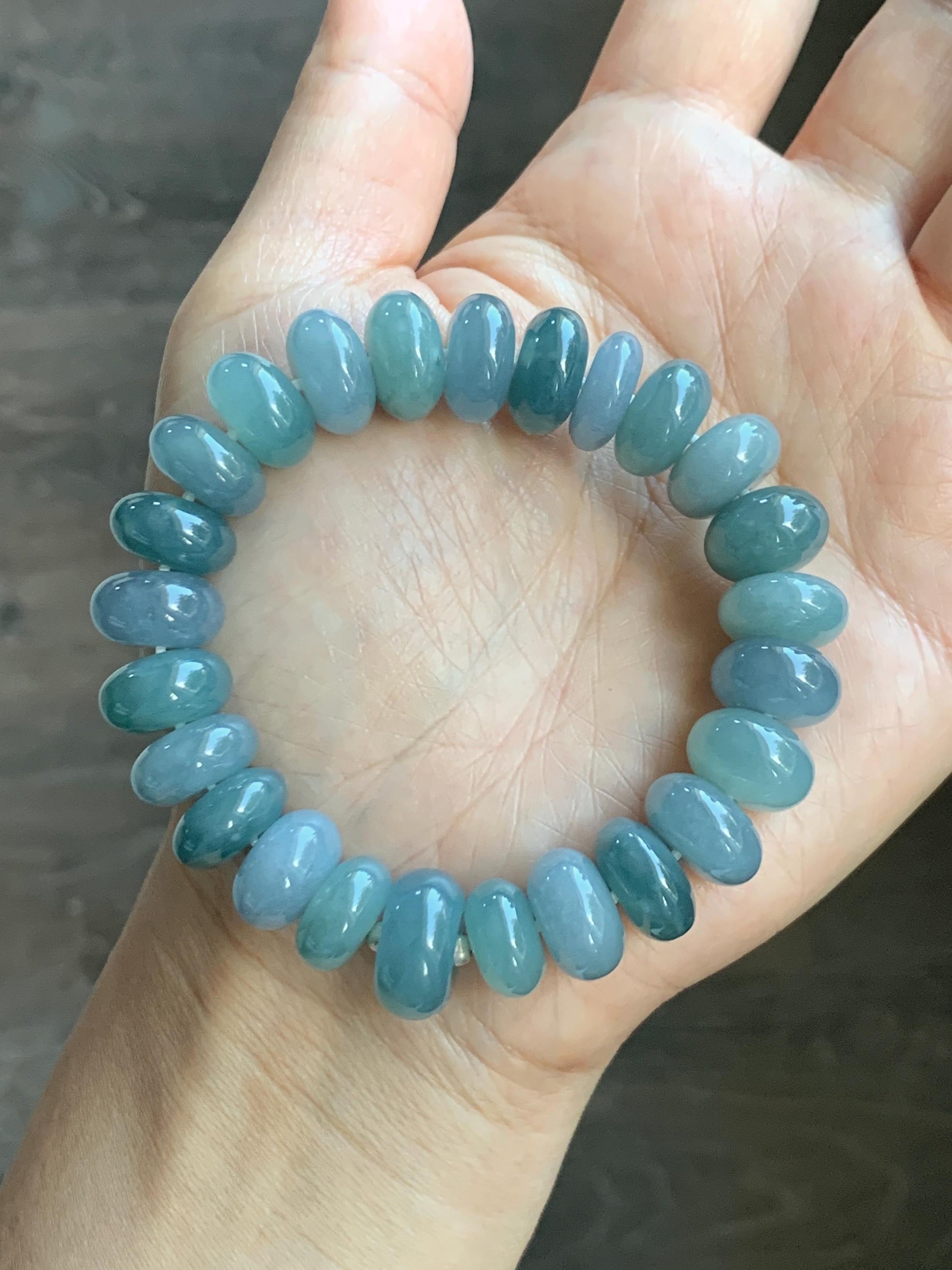 Natural Grade A Guatemalan Icy Translucent Multicolored Blue Jade Jadeite Jumbo Drum Beads Beaded Bracelet 6.5” 58g 天然冰危蓝水多宝翡翠大鼓珠手串 WZB425