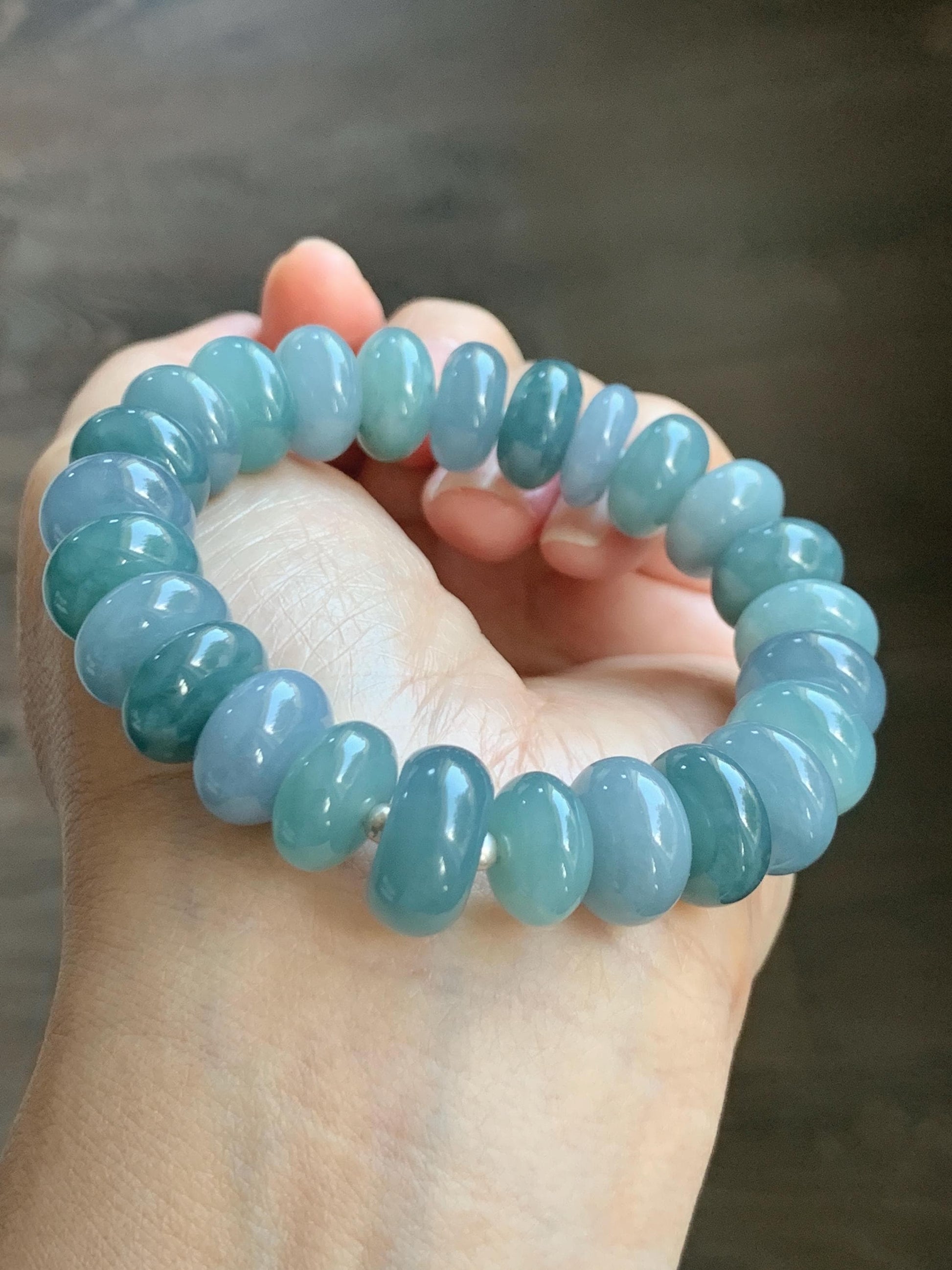 Natural Grade A Guatemalan Icy Translucent Multicolored Blue Jade Jadeite Jumbo Drum Beads Beaded Bracelet 6.5” 58g 天然冰危蓝水多宝翡翠大鼓珠手串 WZB425