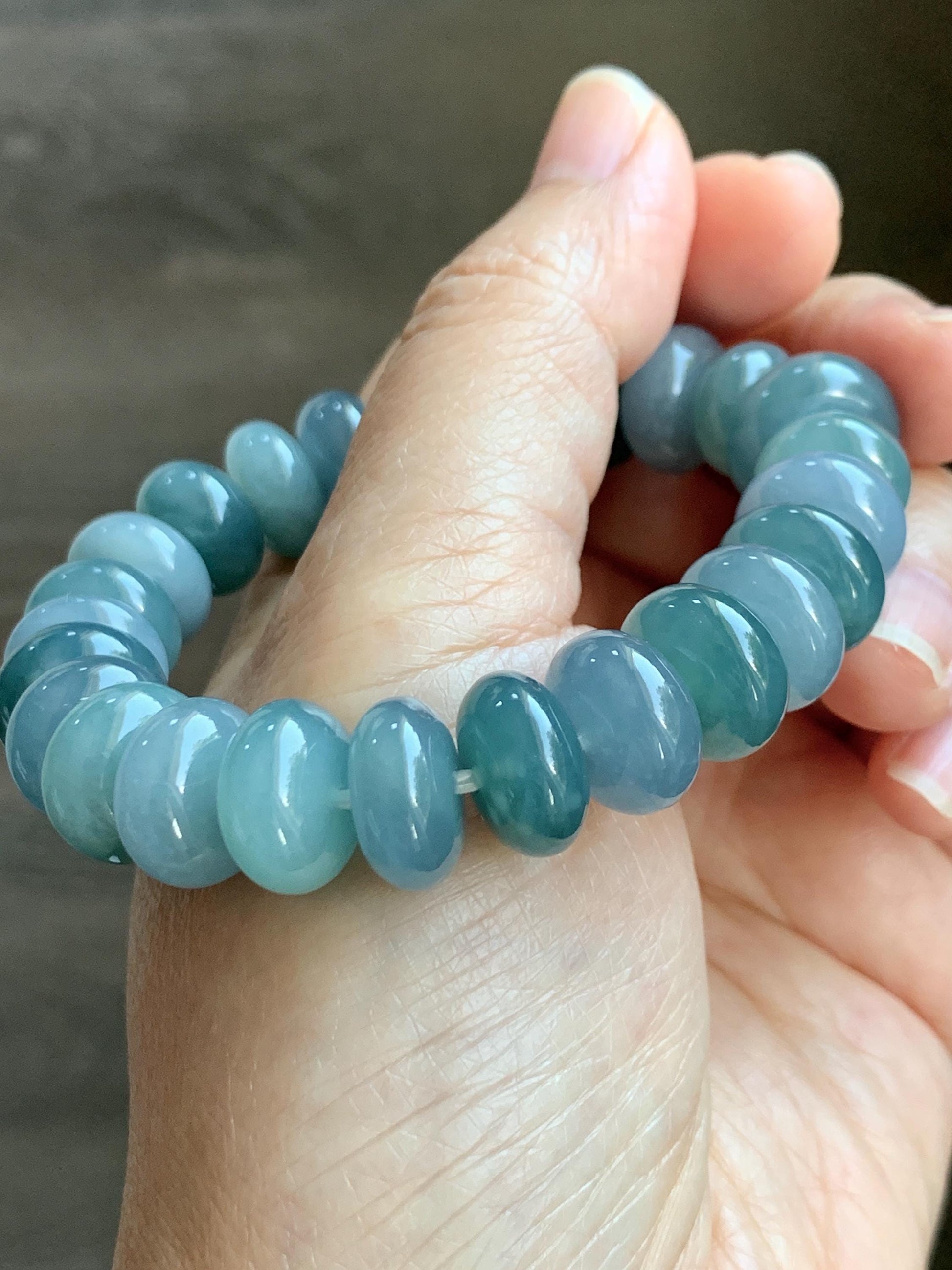 Natural Grade A Guatemalan Icy Translucent Multicolored Blue Jade Jadeite Jumbo Drum Beads Beaded Bracelet 6.5” 58g 天然冰危蓝水多宝翡翠大鼓珠手串 WZB425
