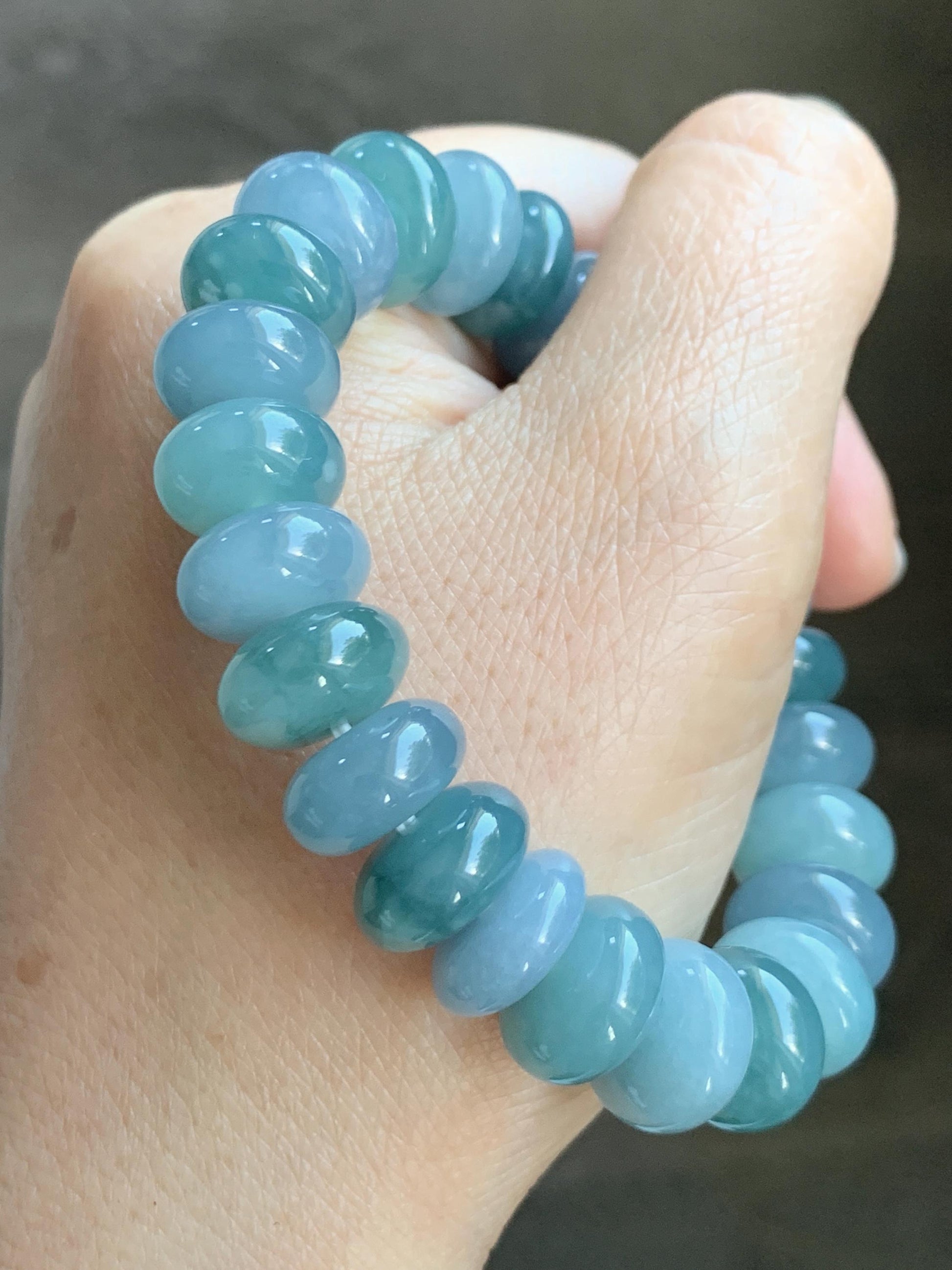 Natural Grade A Guatemalan Icy Translucent Multicolored Blue Jade Jadeite Jumbo Drum Beads Beaded Bracelet 6.5” 58g 天然冰危蓝水多宝翡翠大鼓珠手串 WZB425